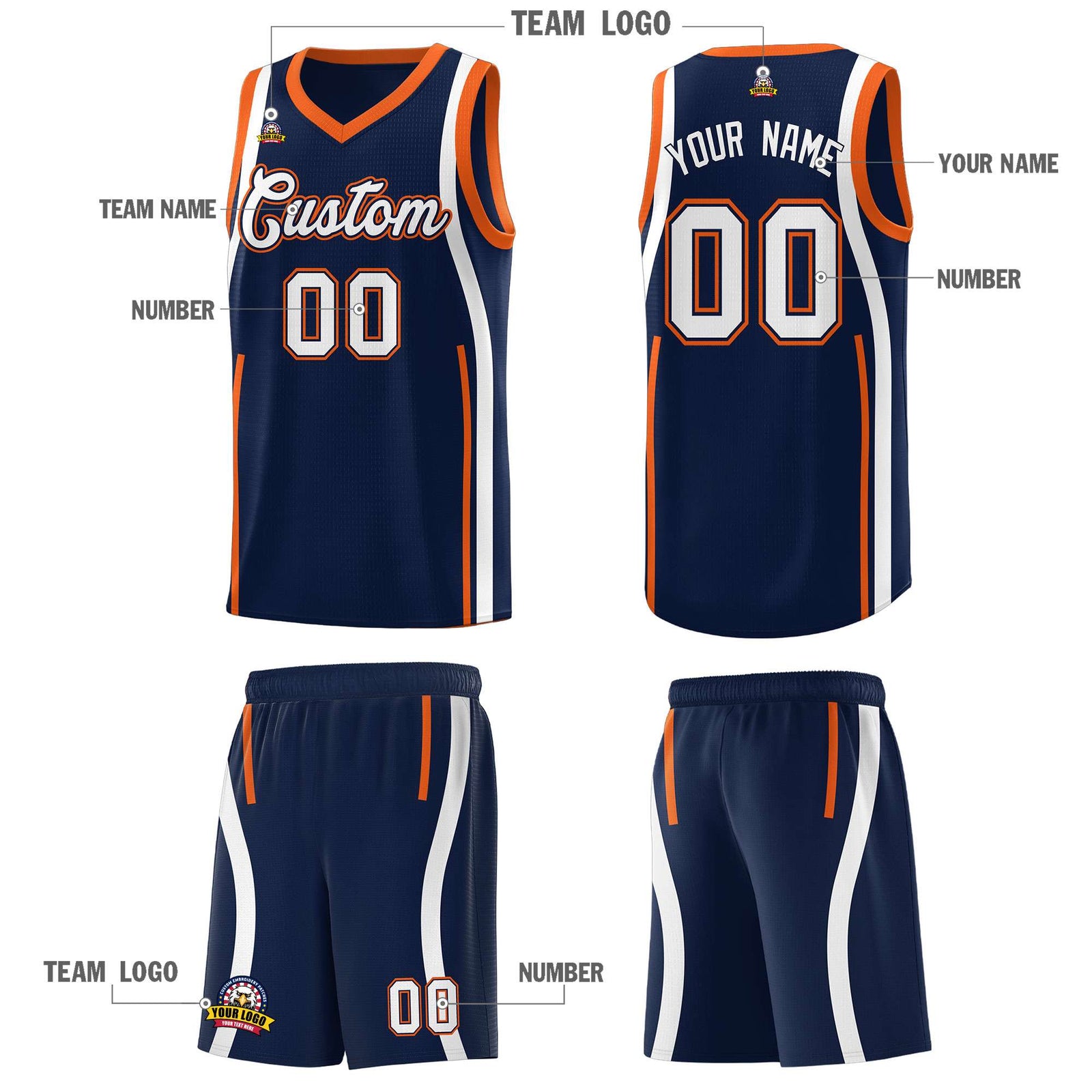 Custom Navy Orange AND White Basketball Jersey