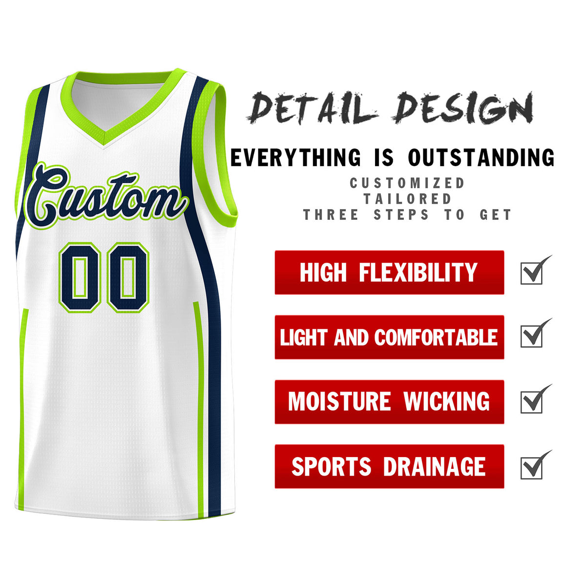 Custom White Fluorescent Green AND Navy Basketball Jersey