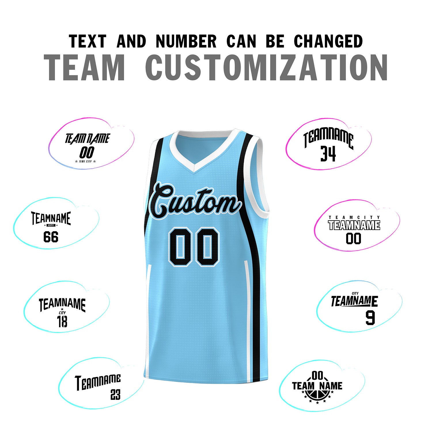 Custom Light Blue Black AND White Basketball Jersey