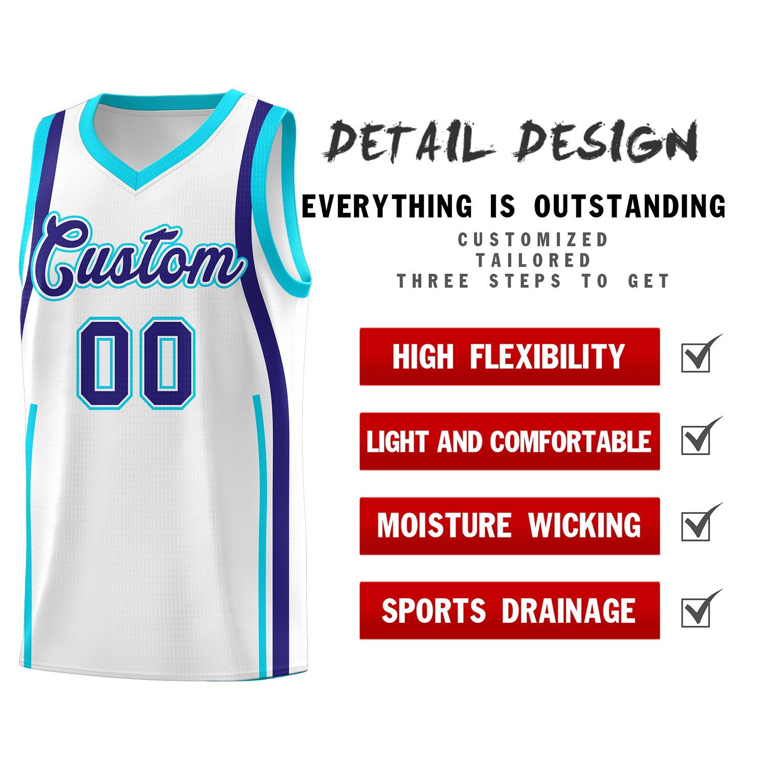Custom White Sky Blue AND Royal Basketball Jersey