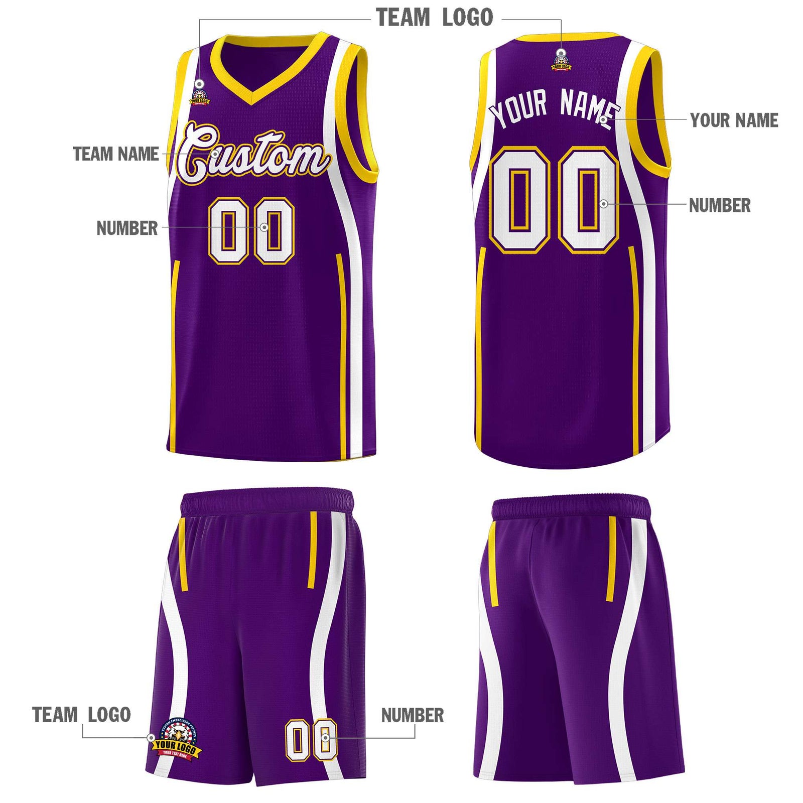 Custom Purple White AND Gold Basketball Jersey
