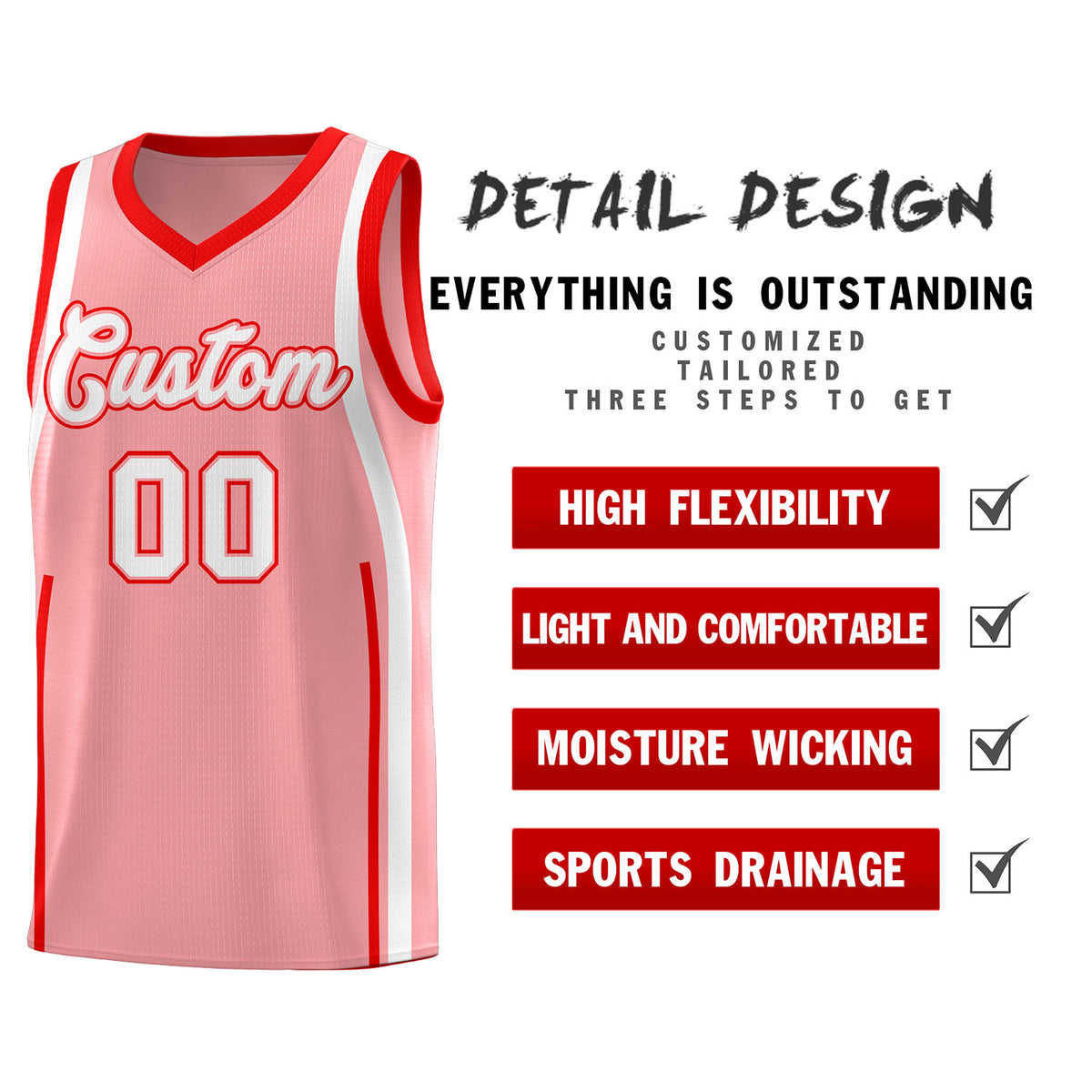 Custom Light Pink Light Red AND White Basketball Jersey