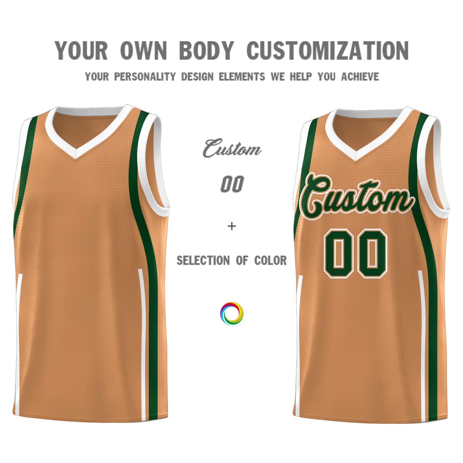 Custom Buckskin Brown Green AND White Basketball Jersey