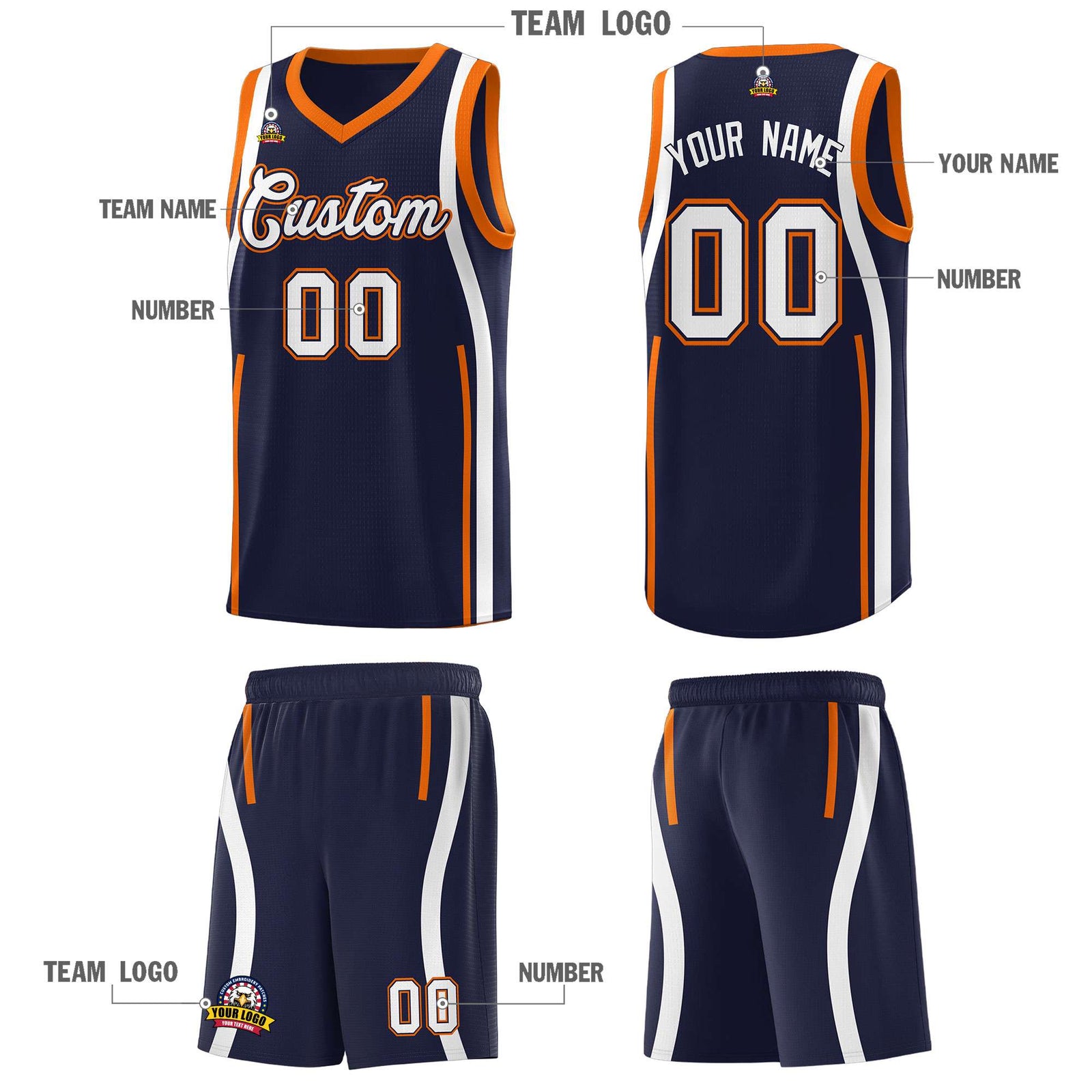 Custom Navy Orange AND White Basketball Jersey