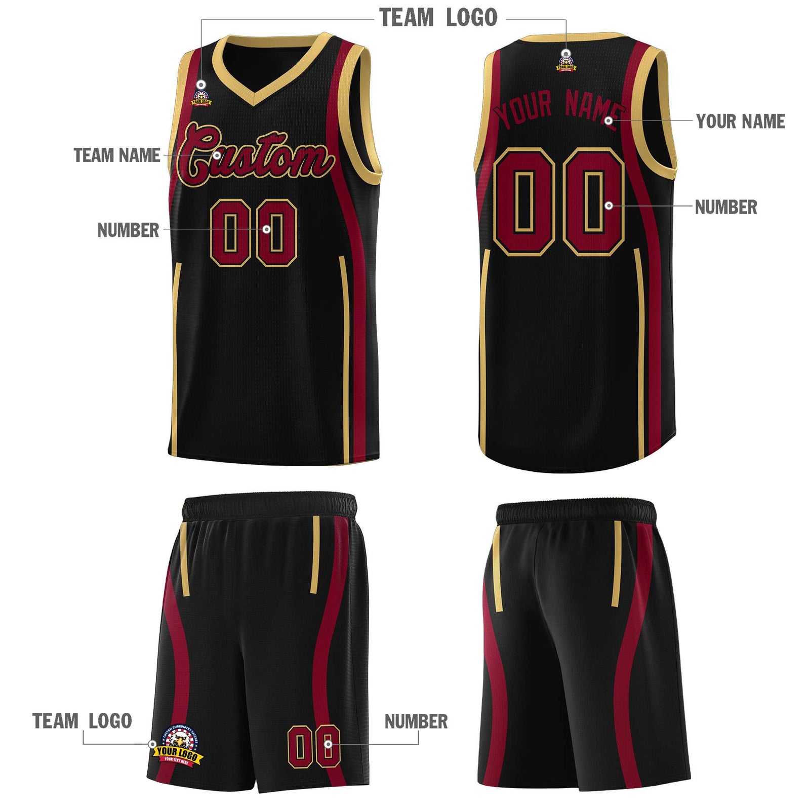 Custom Black Crimson AND Old Gold Basketball Jersey