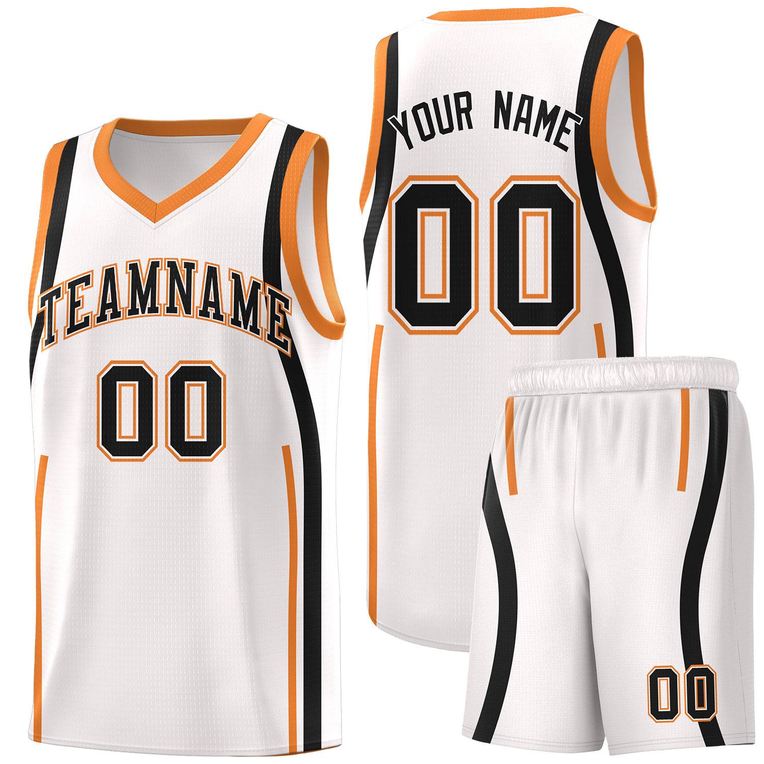 Custom White Gold Orange-Black Ribbon Pattern Basketball Kits