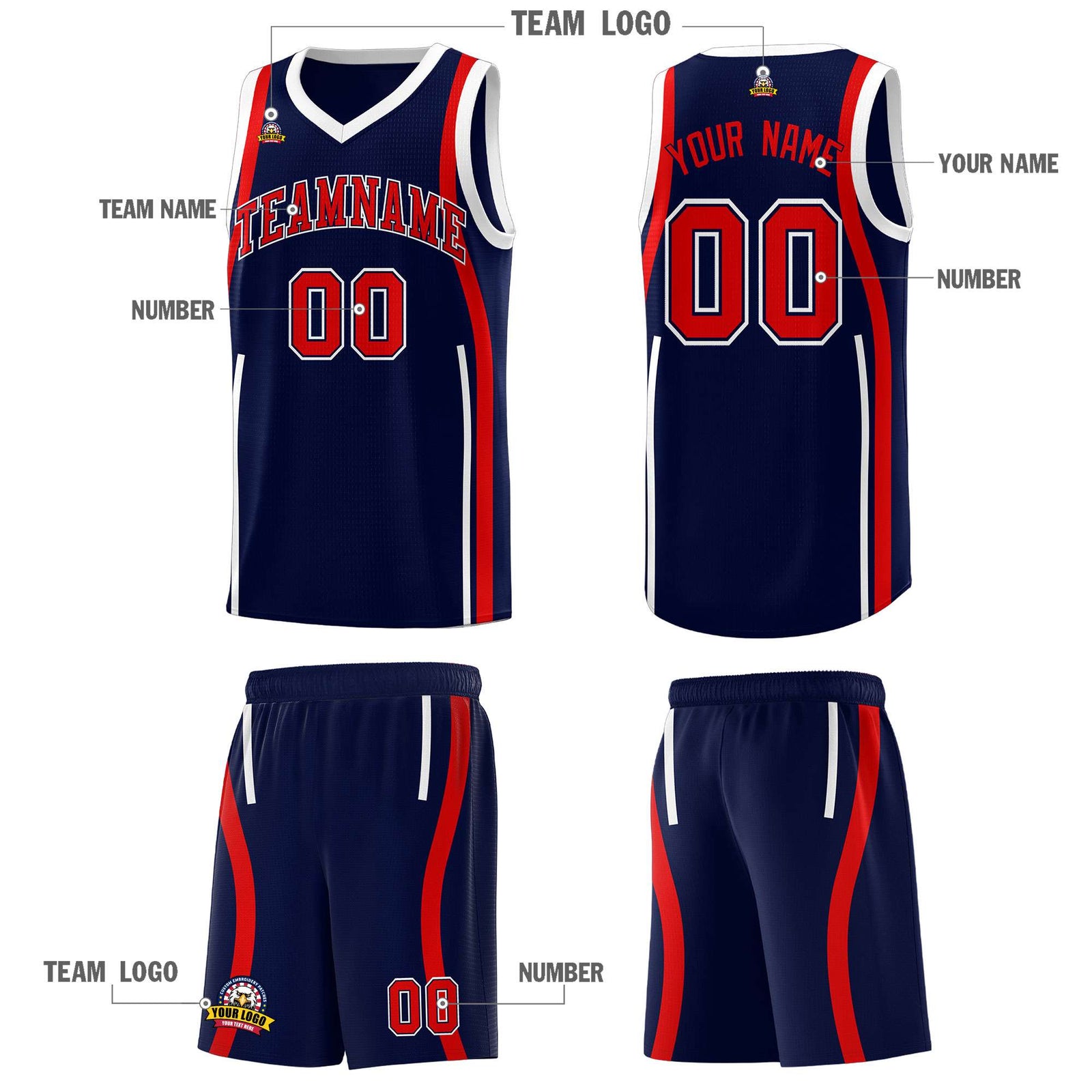 Custom Navy Red-White Ribbon Pattern Basketball Kits
