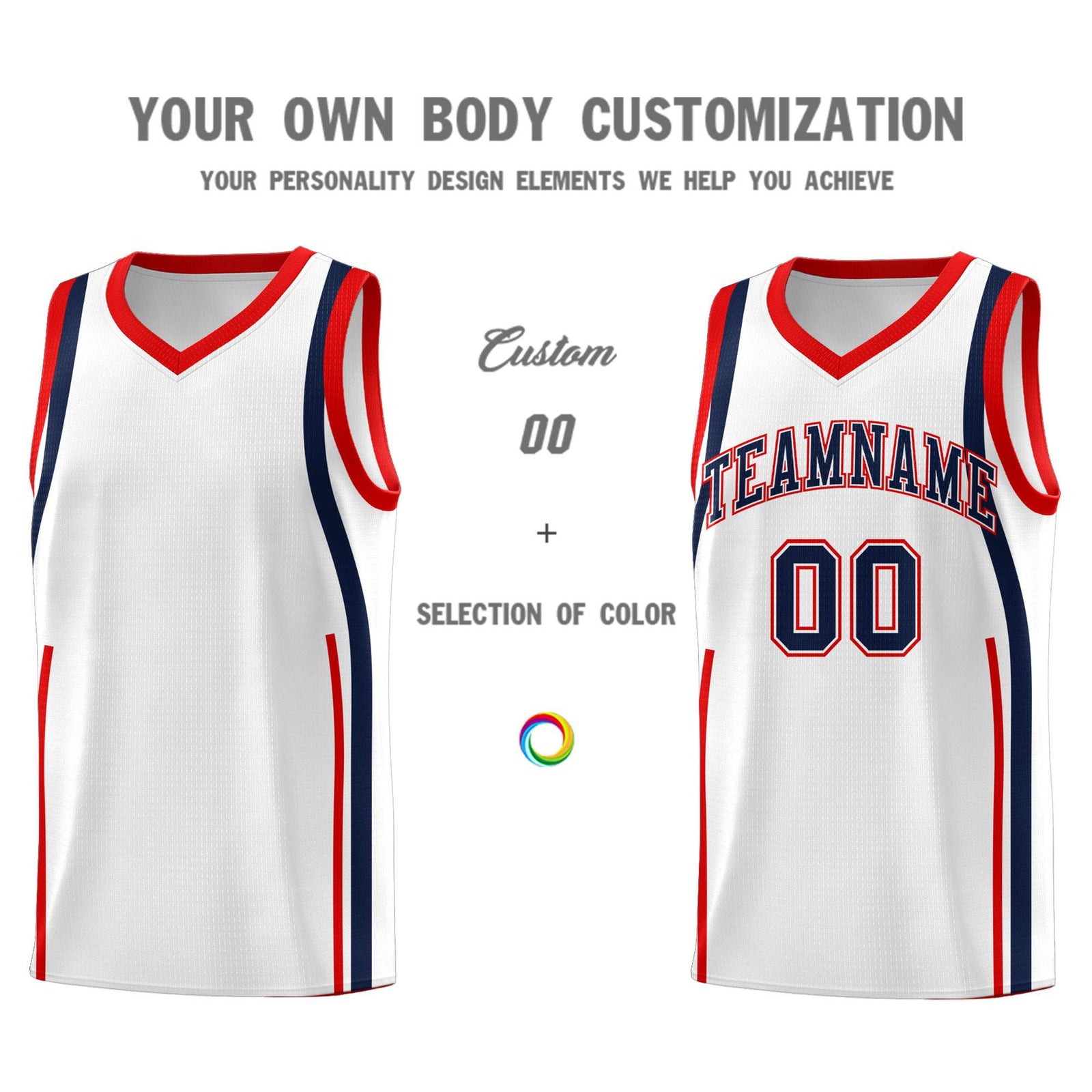 Custom White Navy-Red Ribbon Pattern Basketball Kits