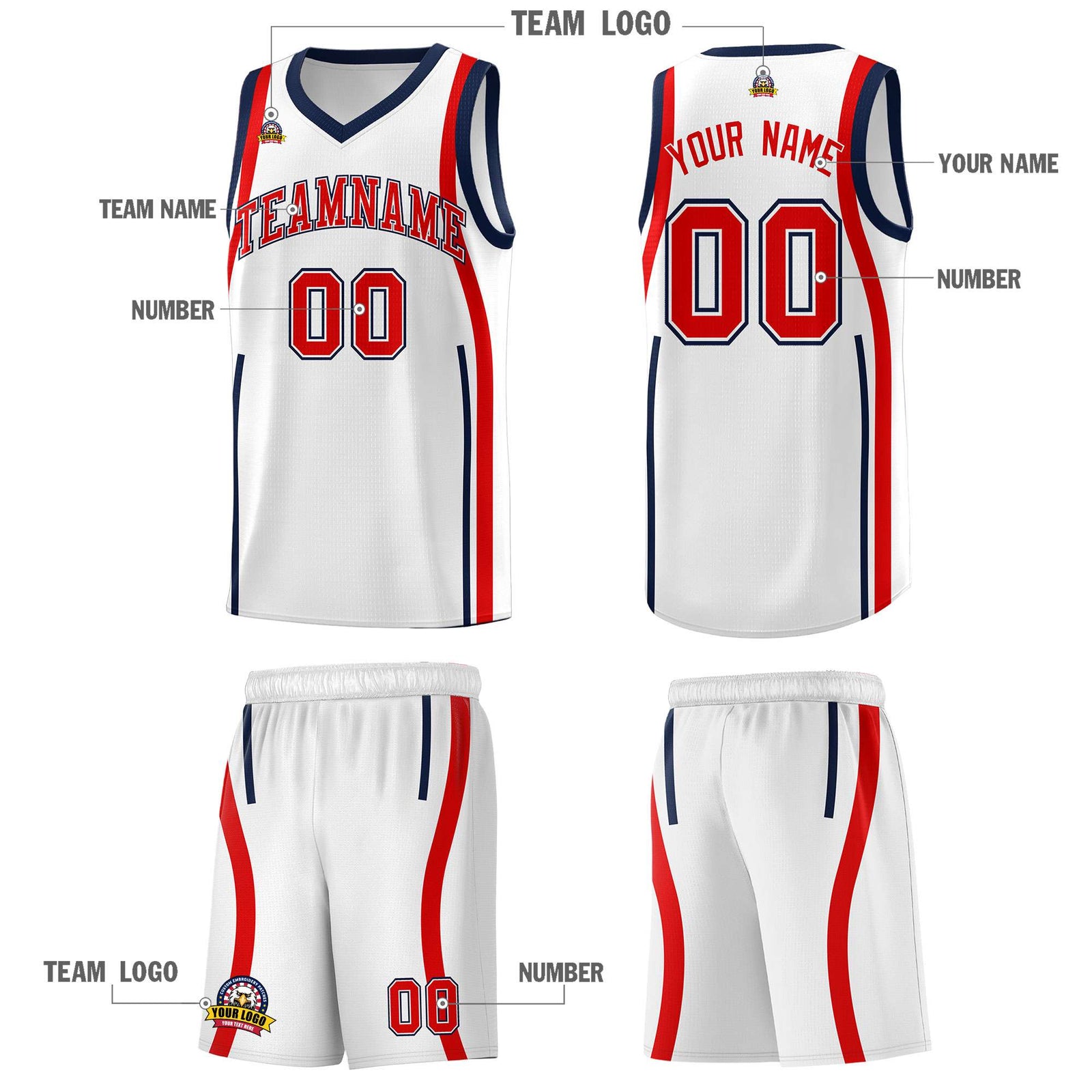 Custom White Navy-Red Ribbon Pattern Basketball Kits