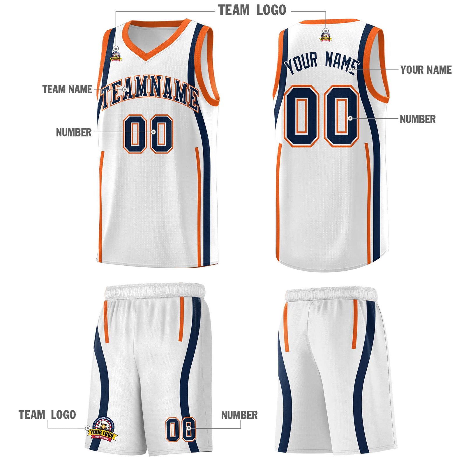 Custom White Navy-Orange Ribbon Pattern Basketball Kits