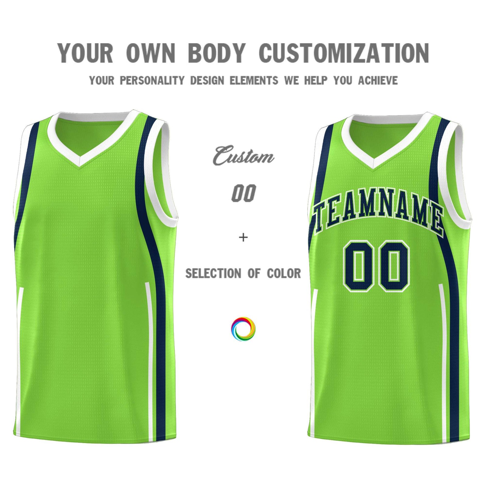 Custom Fluorescent Green Navy-White Ribbon Pattern Basketball Kits