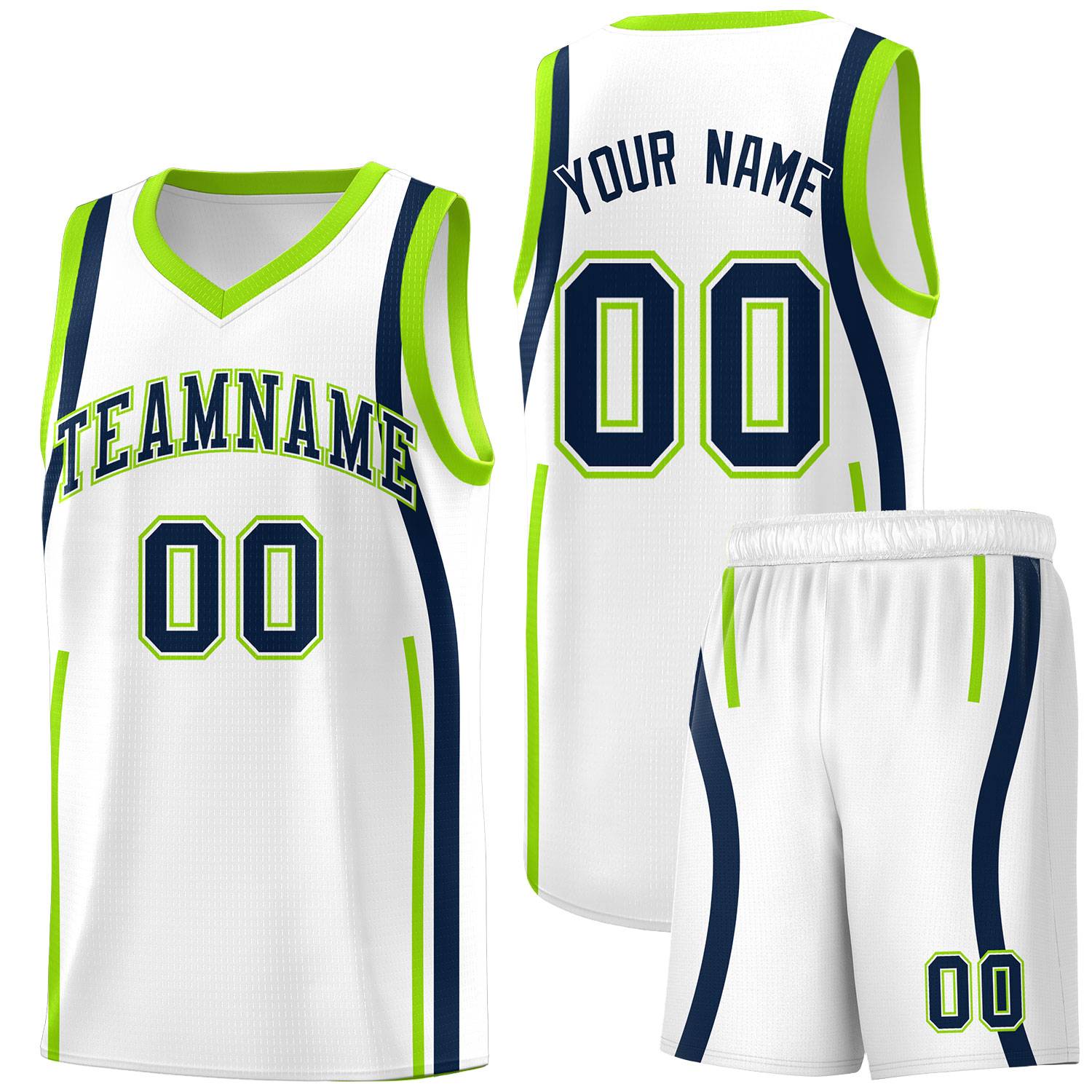 Custom White Fluorescent Green-Navy Ribbon Pattern Basketball Kits
