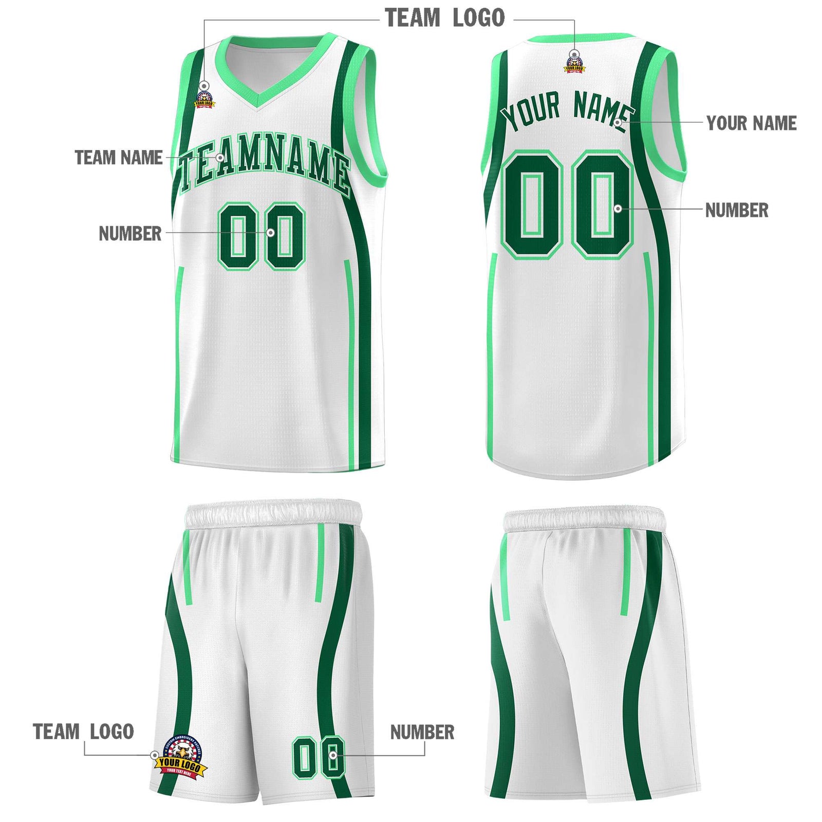 Custom White Kelly Green-Green Ribbon Pattern Basketball Kits