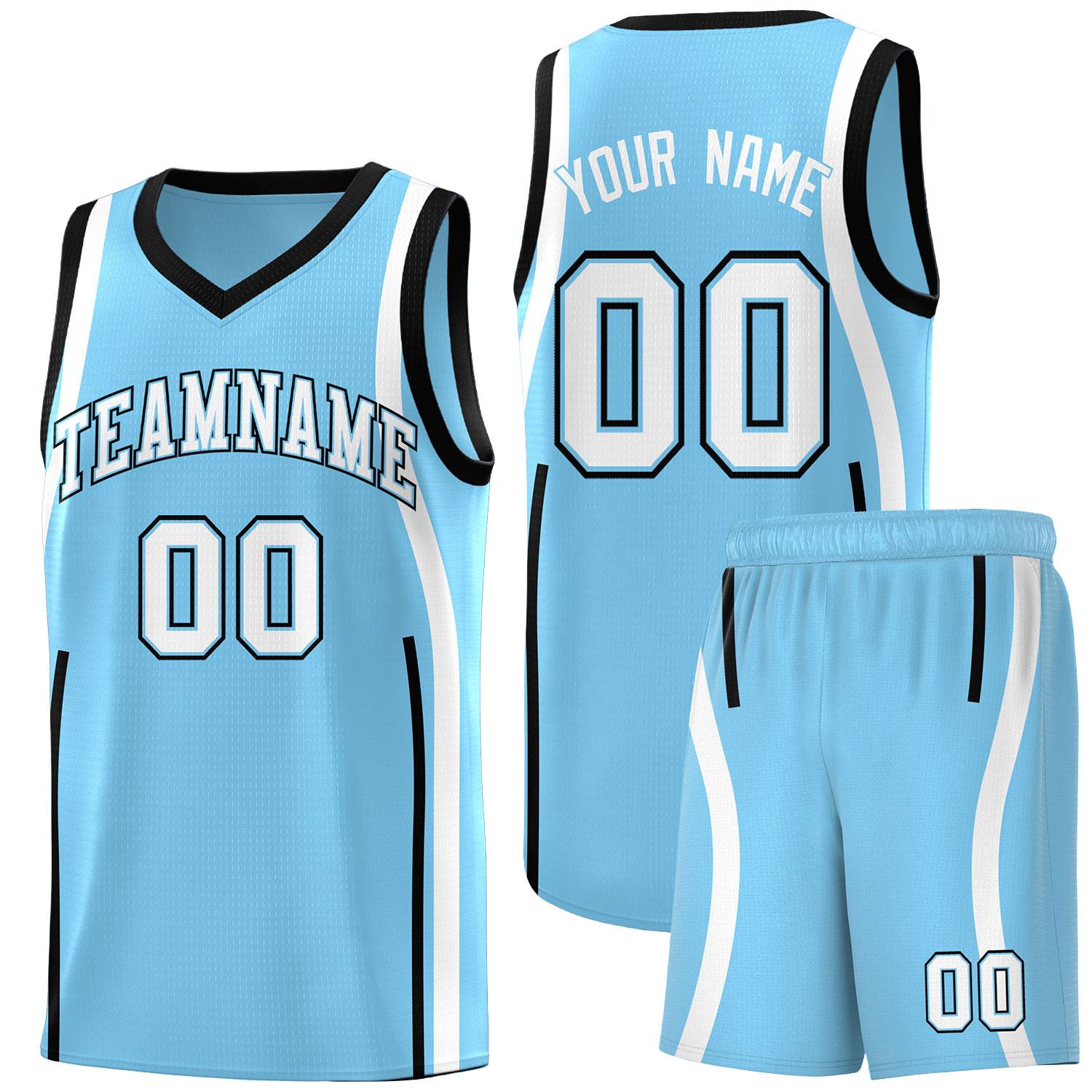 Custom Light Blue Black-White Ribbon Pattern Basketball Kits