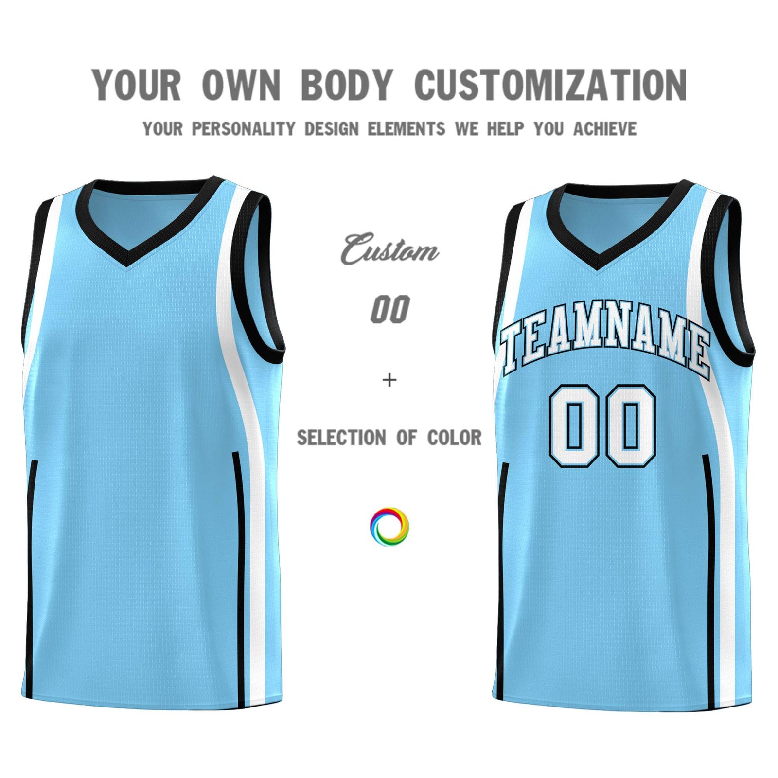 Custom Light Blue Black-White Ribbon Pattern Basketball Kits