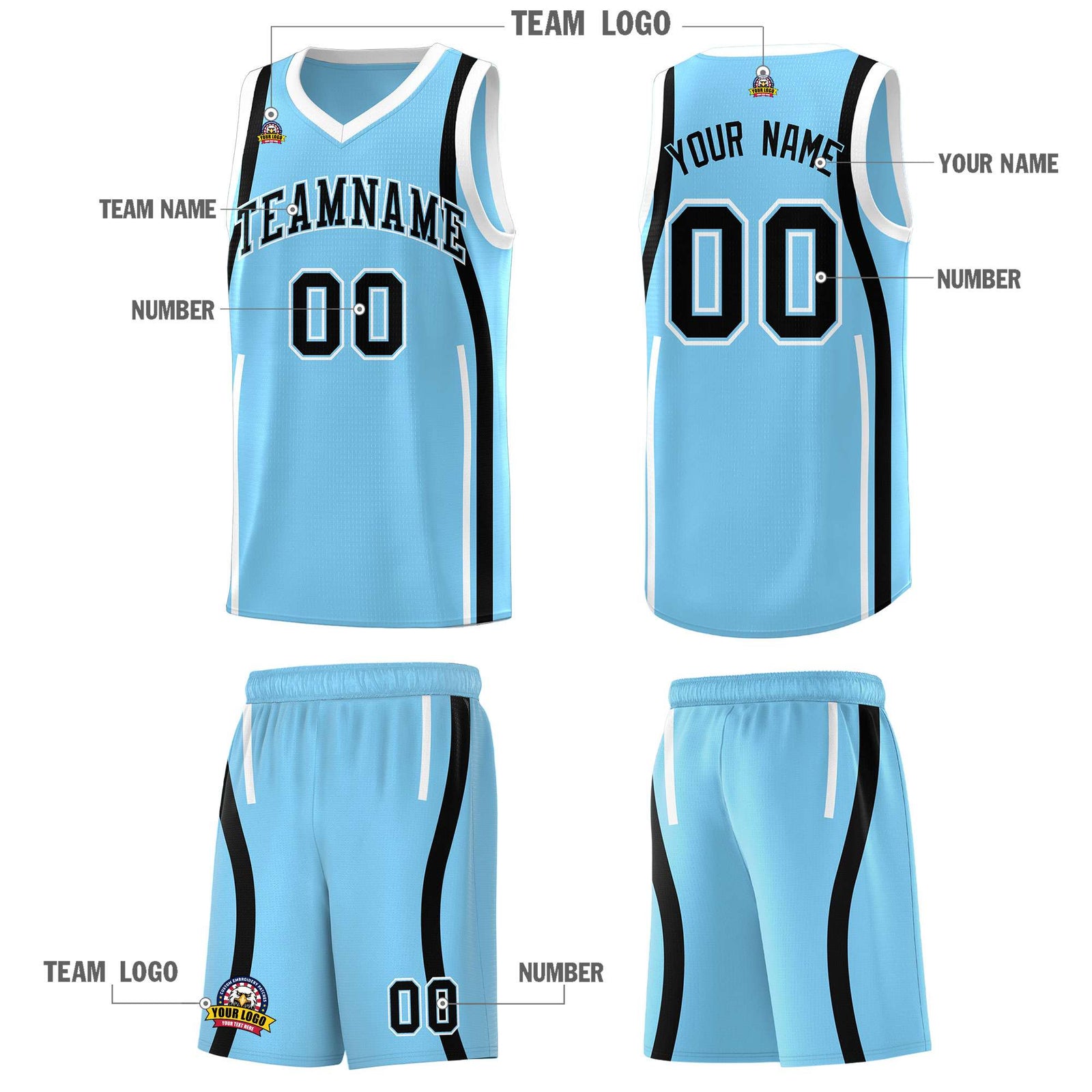 Custom Light Blue Black-White Ribbon Pattern Basketball Kits