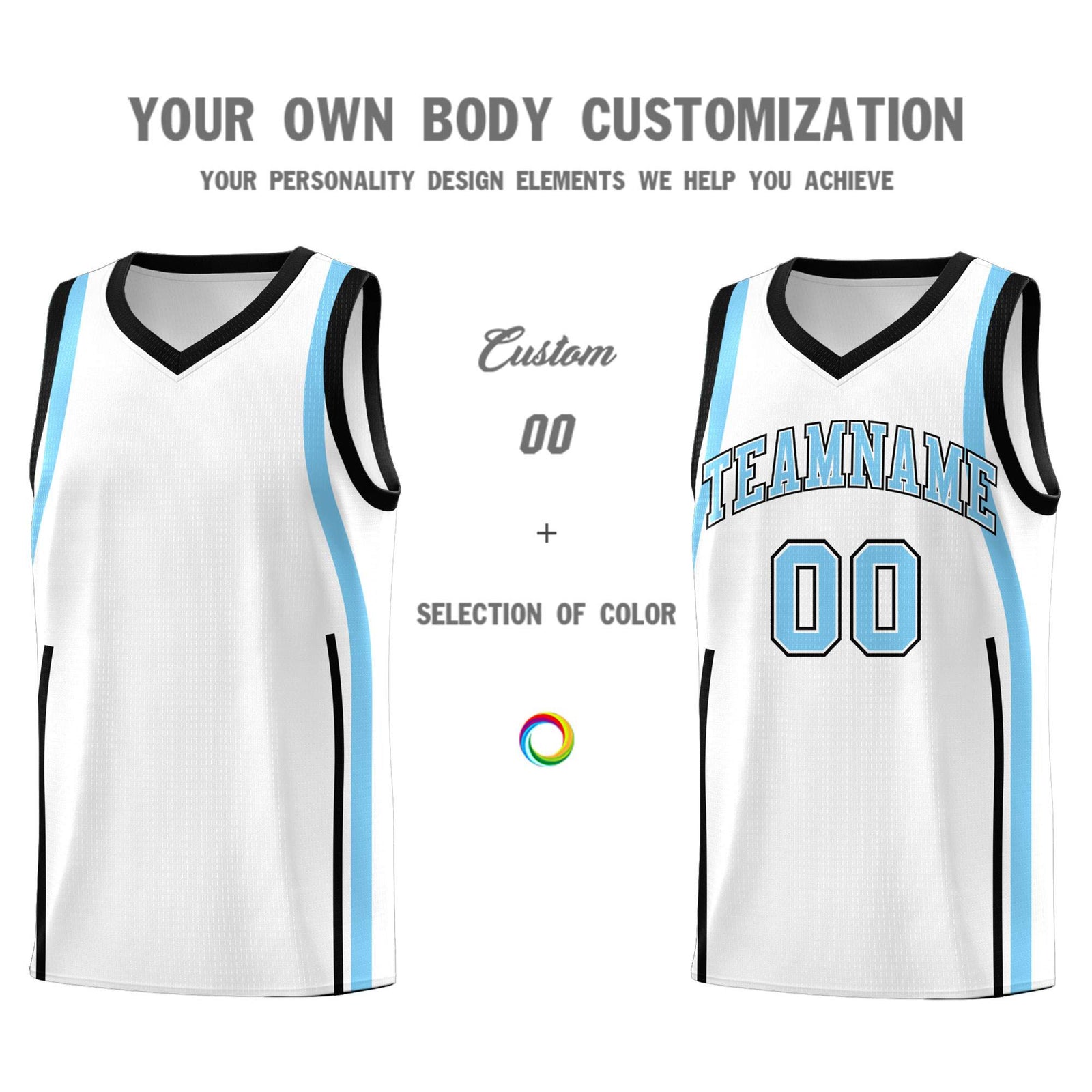 Custom White Light Blue-Black Ribbon Pattern Basketball Kits