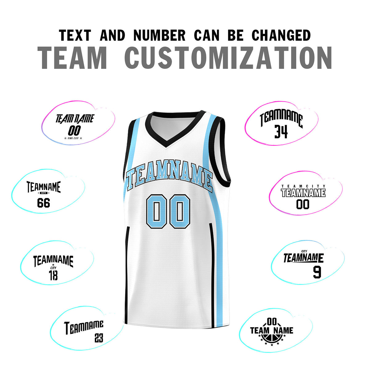 Custom White Light Blue-Black Ribbon Pattern Basketball Kits