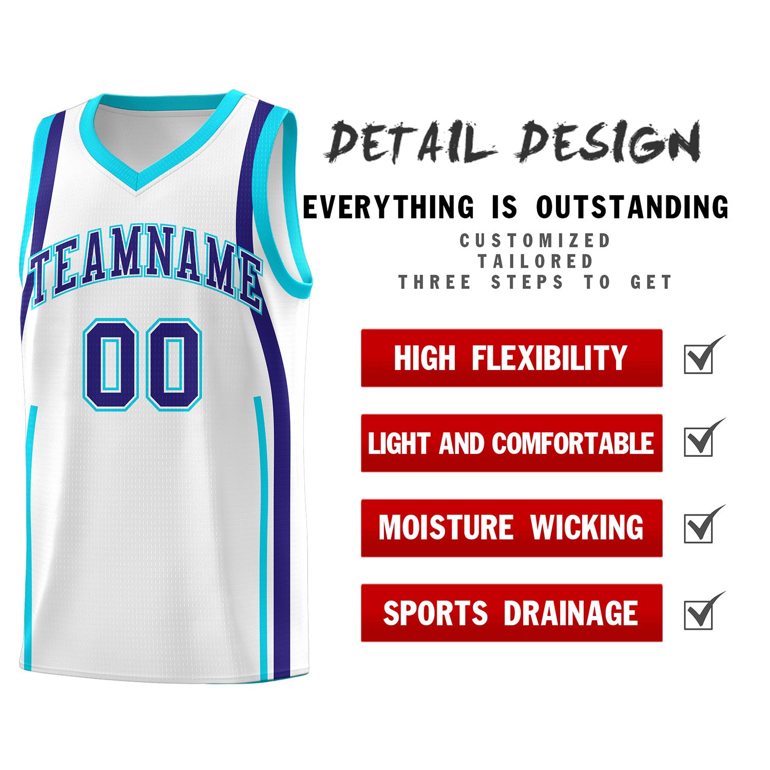 Custom White Sky Blue-Royal Ribbon Pattern Basketball Kits