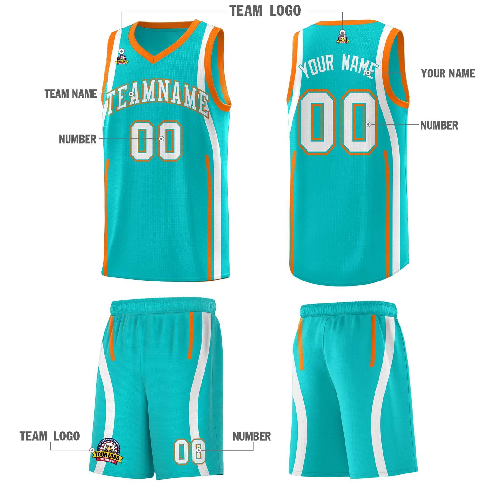 Custom Aqua Orange-White Ribbon Pattern Basketball Kits