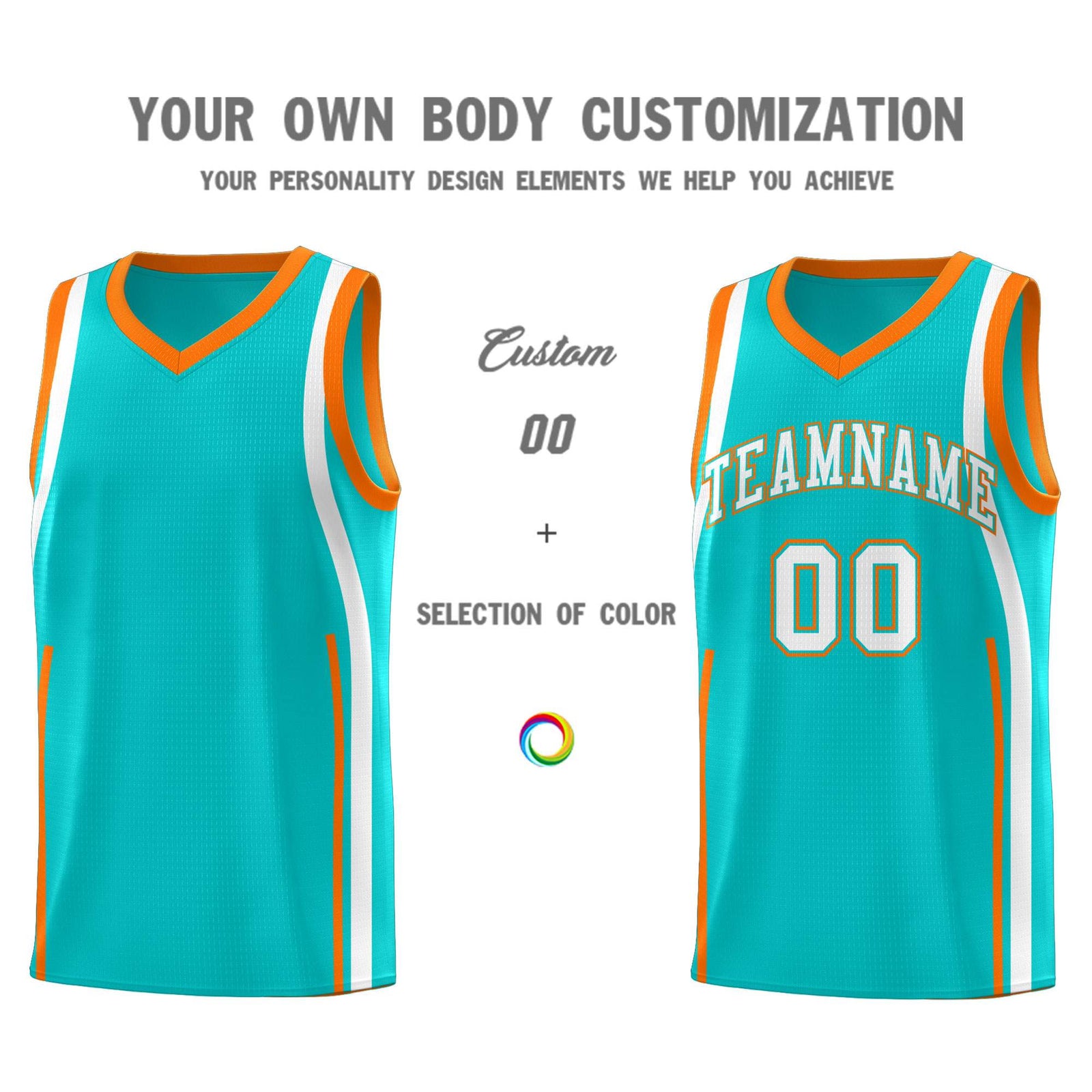 Custom Aqua Orange-White Ribbon Pattern Basketball Kits