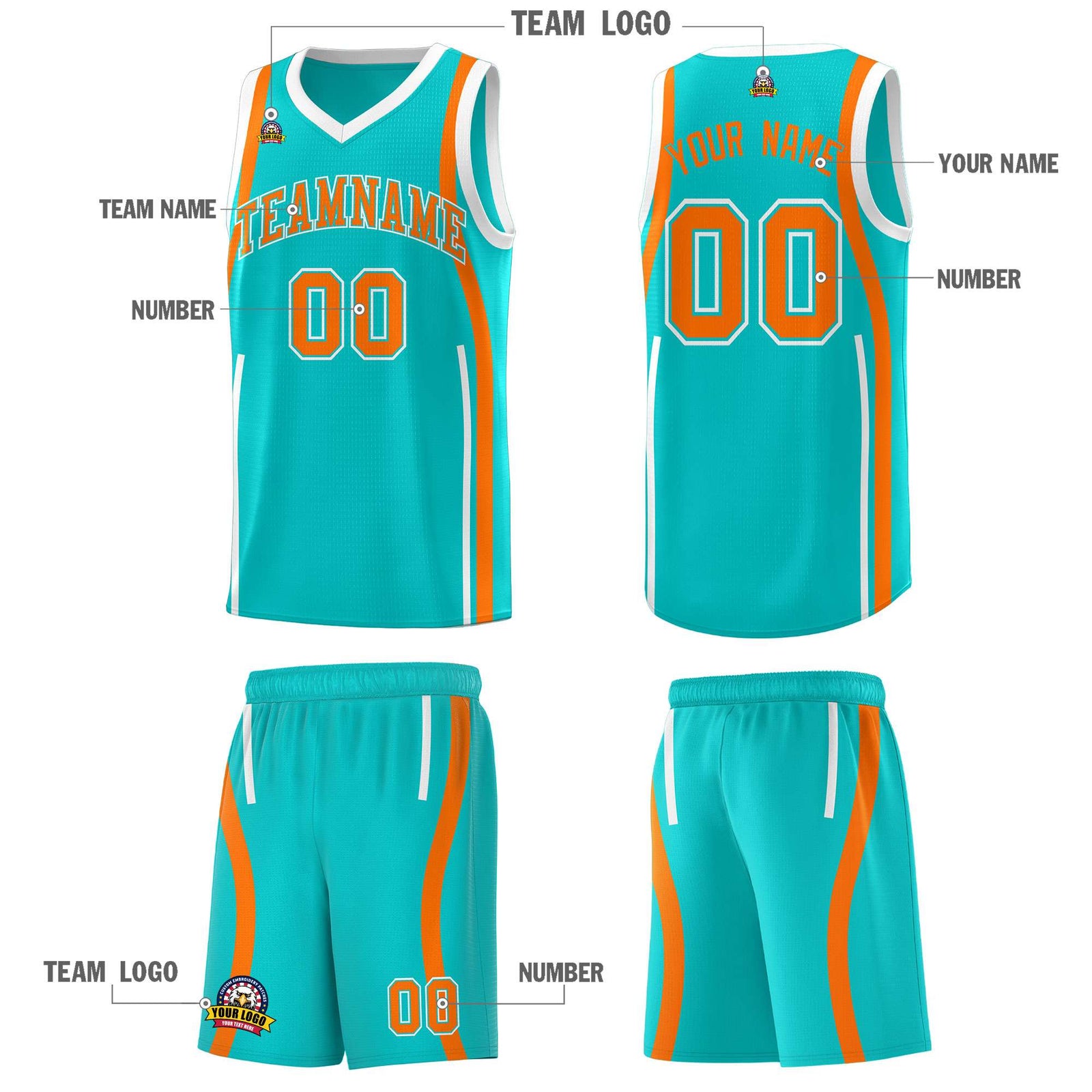Custom Aqua Orange-White Ribbon Pattern Basketball Kits