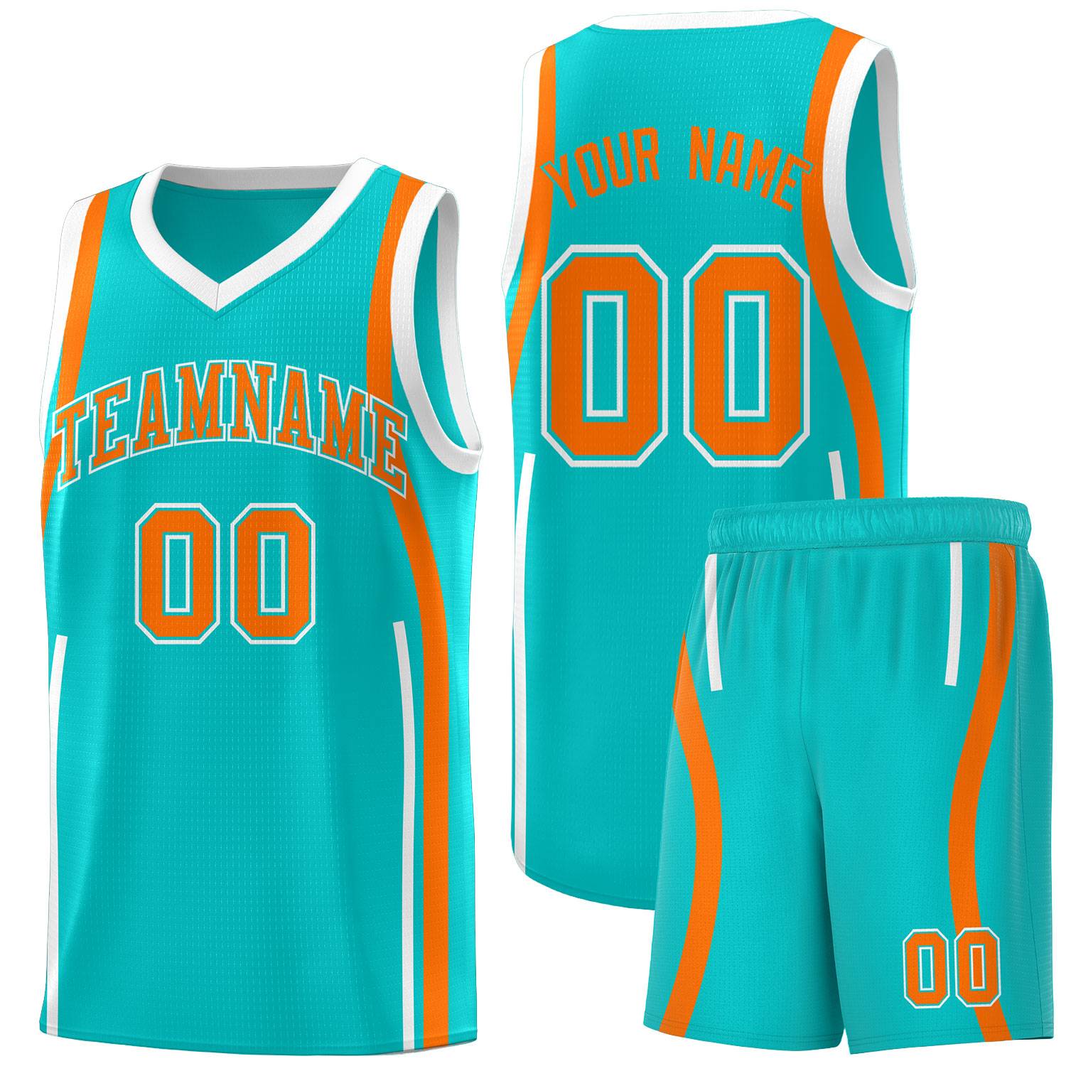 Custom Aqua Orange-White Ribbon Pattern Basketball Kits
