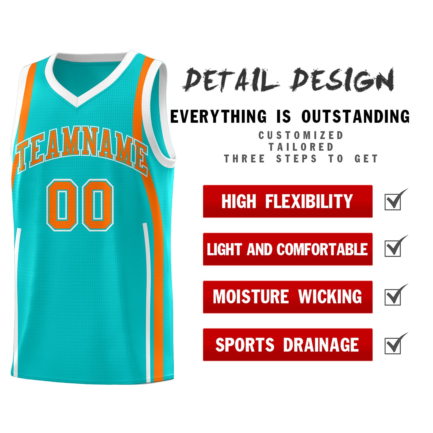 Custom Aqua Orange-White Ribbon Pattern Basketball Kits