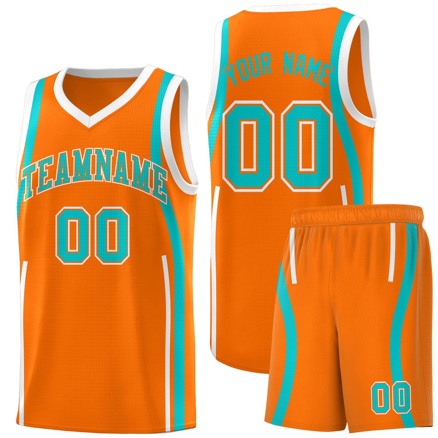 Custom Orange Aqua-White Ribbon Pattern Basketball Kits