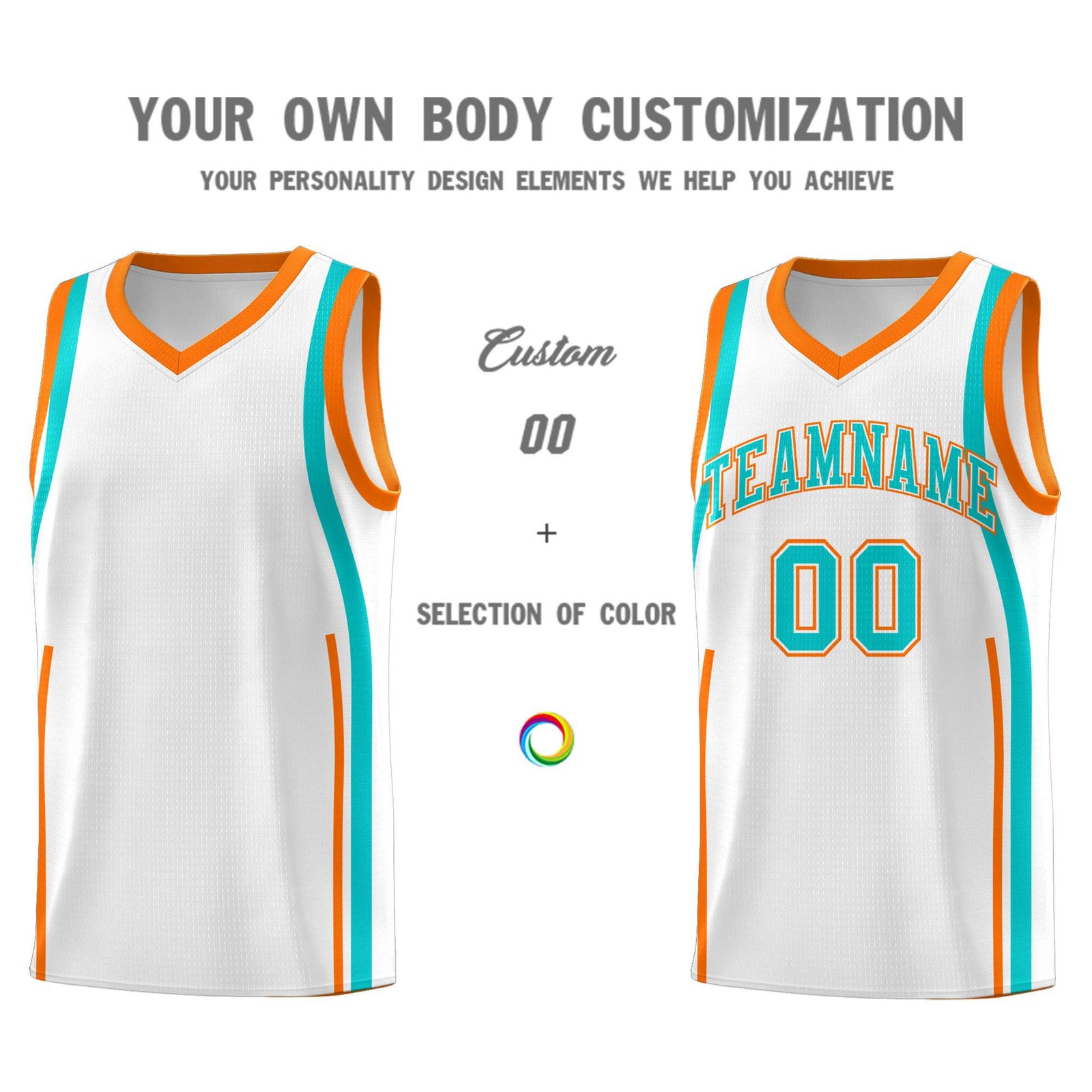 Custom White Aqua-Orange Ribbon Pattern Basketball Kits