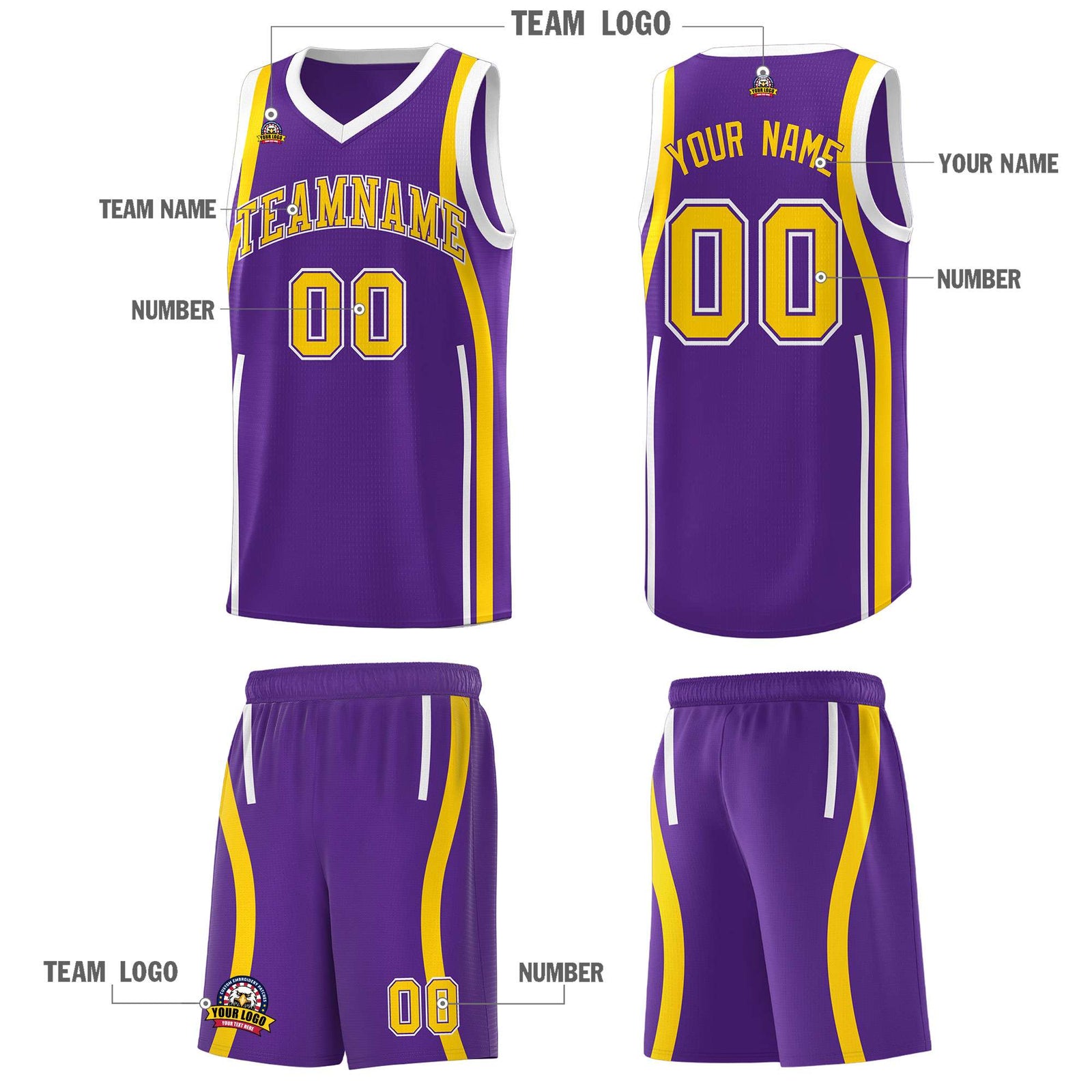 Custom Purple Gold-White Ribbon Pattern Basketball Kits