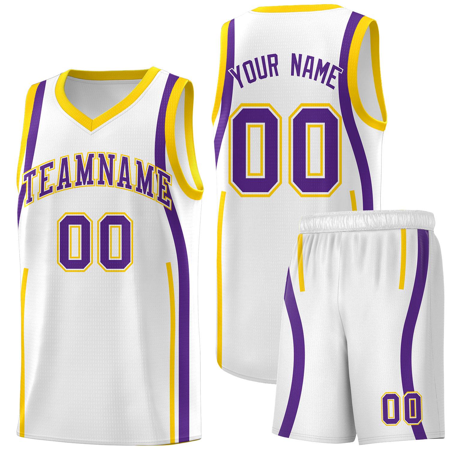 Custom White Gold-Purple Ribbon Pattern Basketball Kits