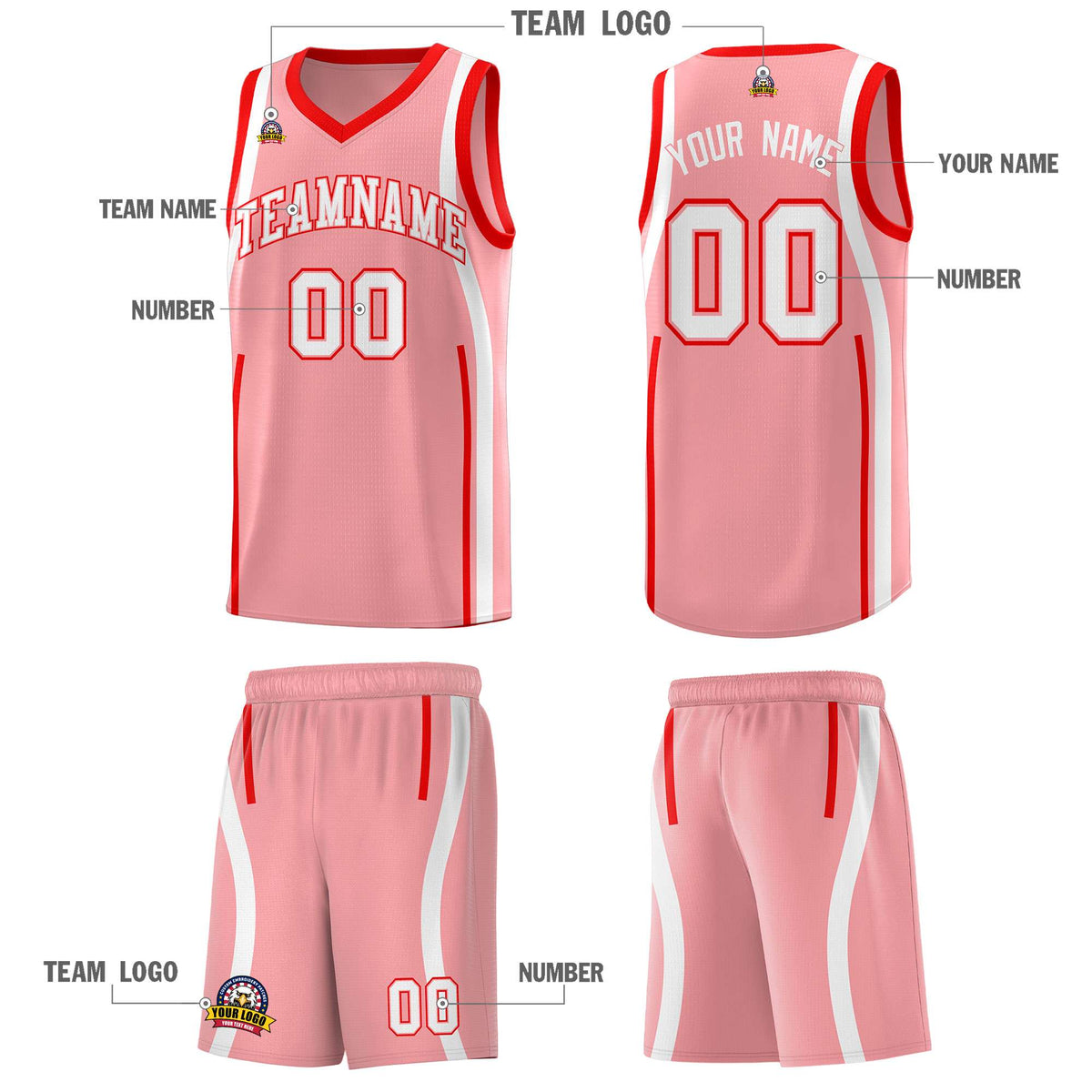 Custom Light Pink Light Red-White Ribbon Pattern Basketball Kits