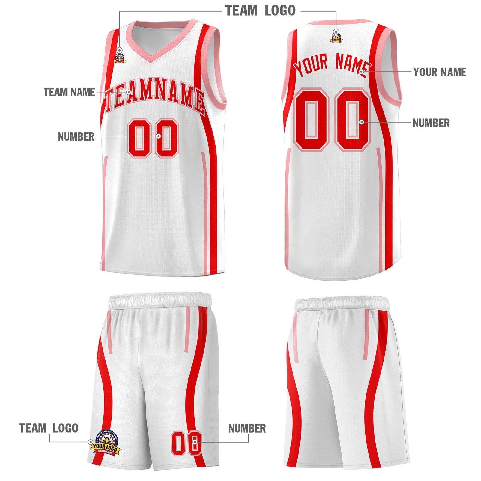 Custom White Light Red-Light Pink Ribbon Pattern Basketball Kits