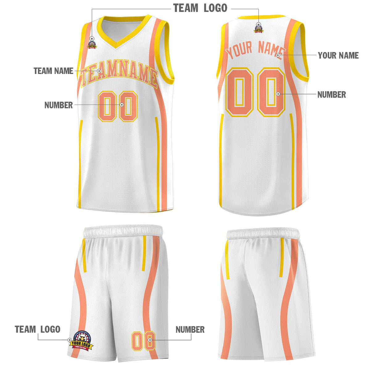 Custom White Light Orange-Gold Ribbon Pattern Basketball Kits