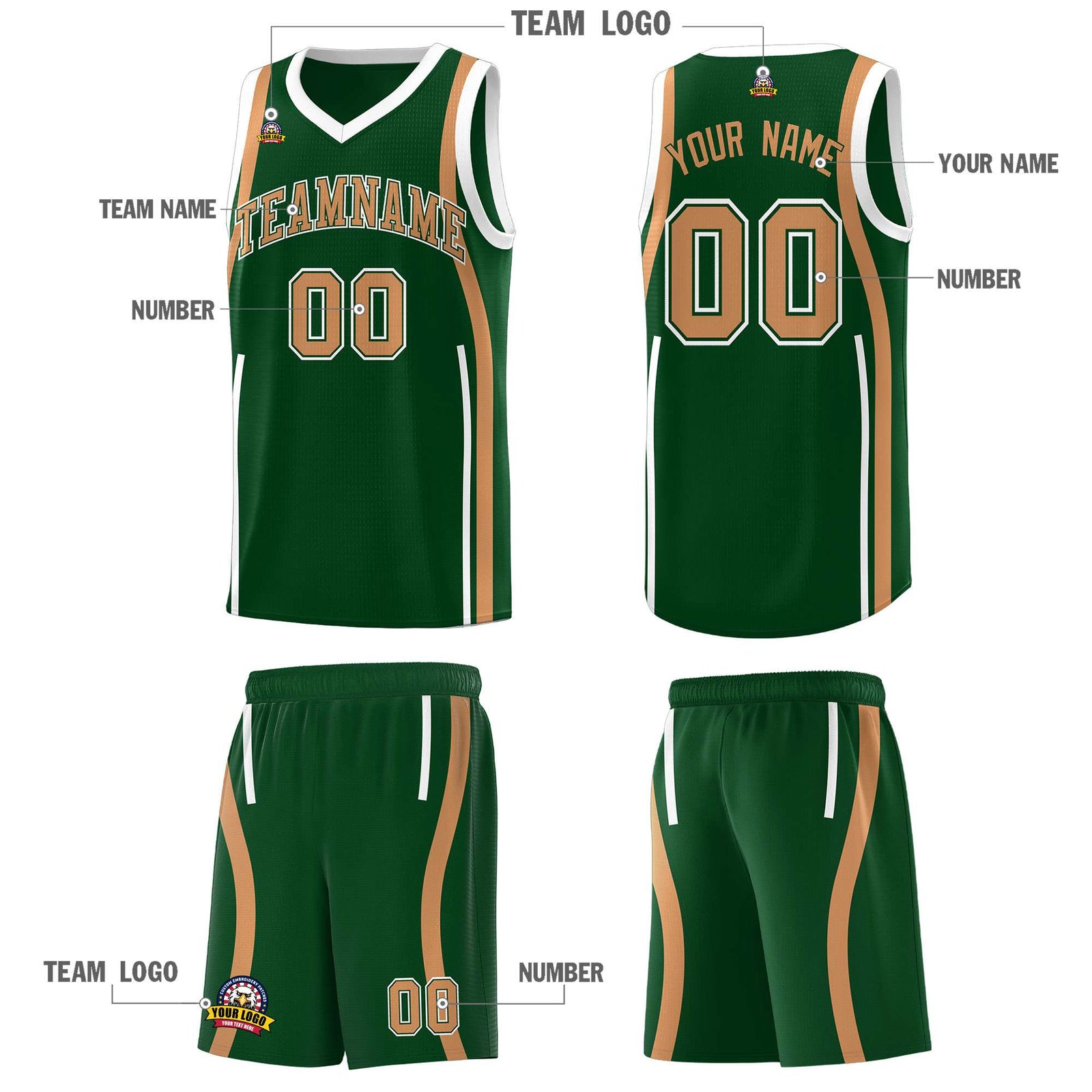 Custom Green Buckskin Brown-White Ribbon Pattern Basketball Kits