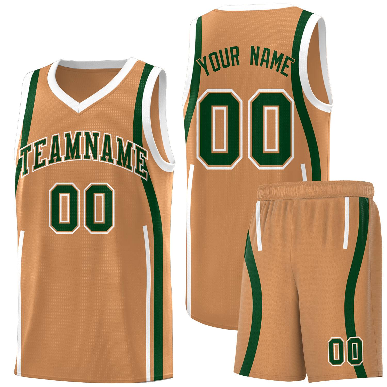 Custom Buckskin Brown Green-White Ribbon Pattern Basketball Kits