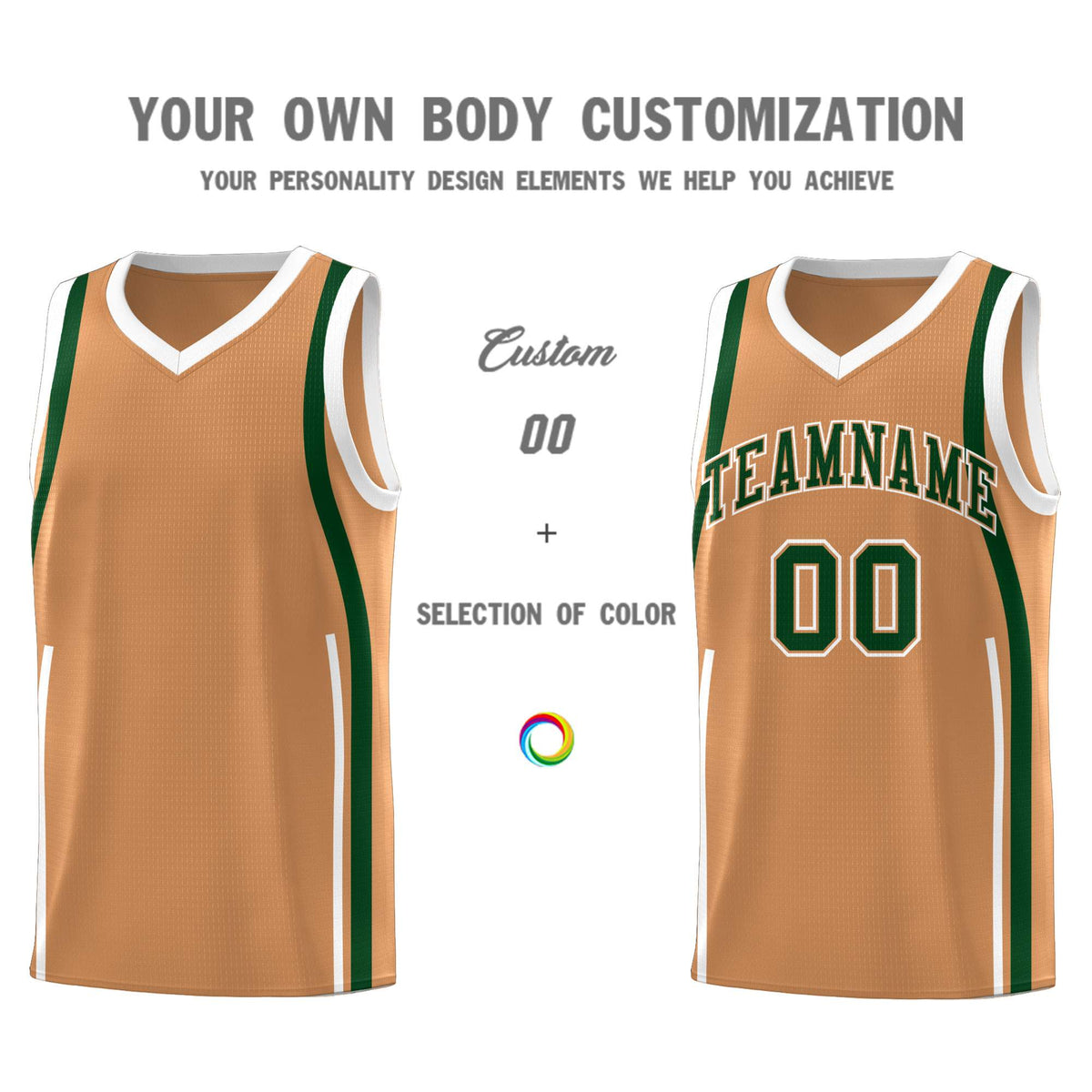 Custom Buckskin Brown Green-White Ribbon Pattern Basketball Kits