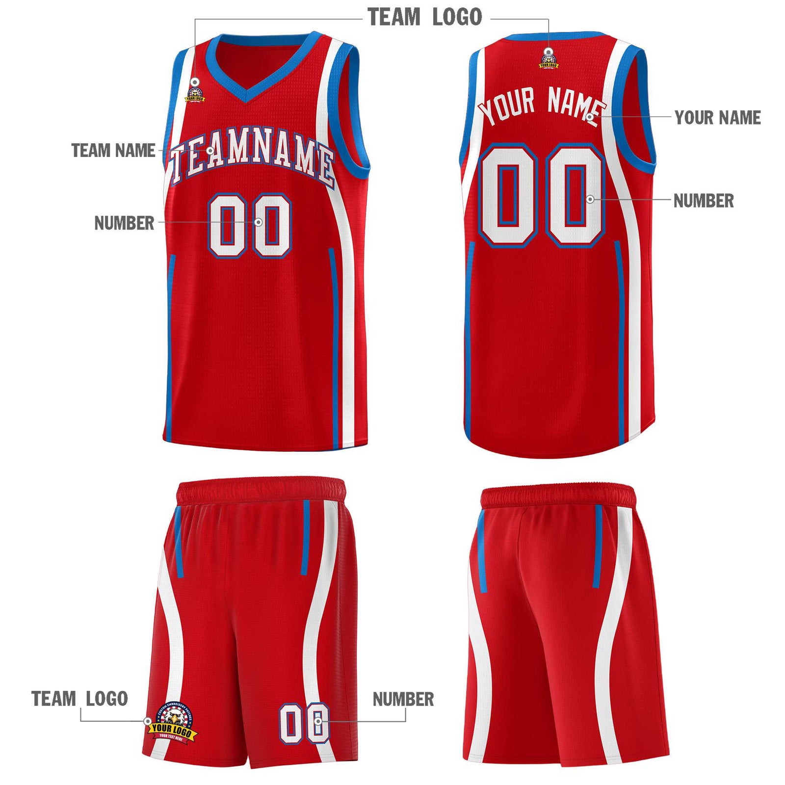Custom Red Royal-White Ribbon Pattern Basketball Kits