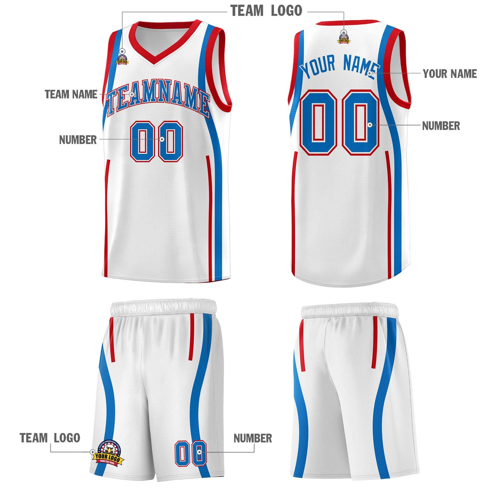 Custom White Royal-Red Ribbon Pattern Basketball Kits