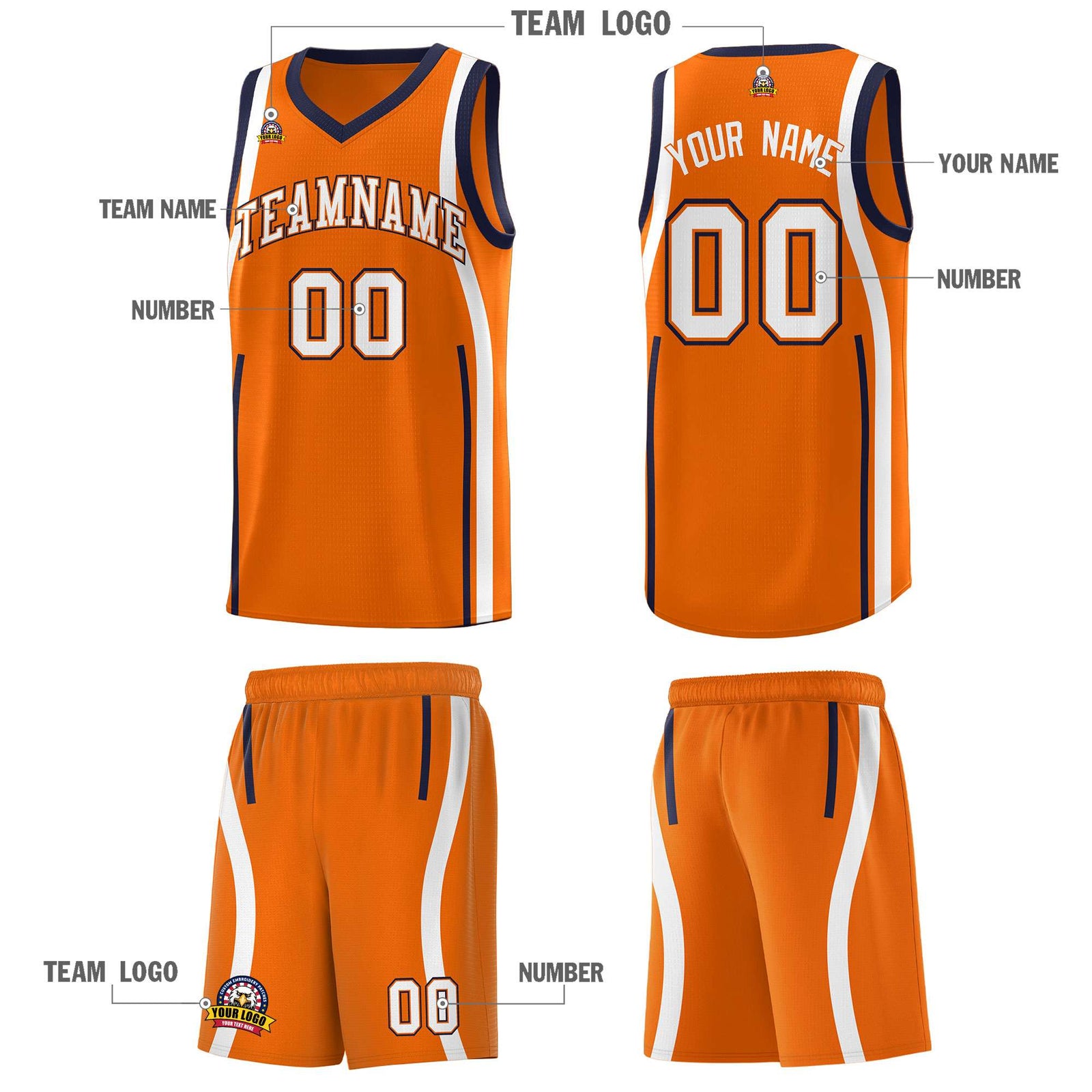 Custom Orange Navy-White Ribbon Pattern Basketball Kits