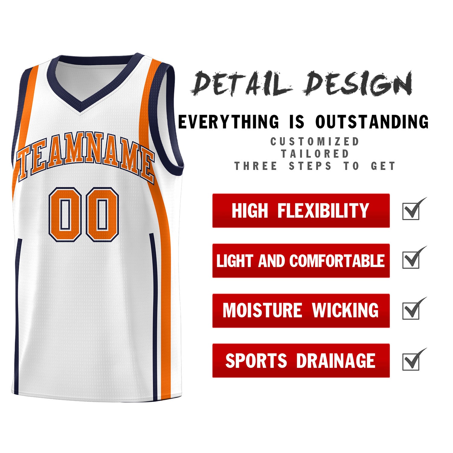 Custom White Navy-Orange Ribbon Pattern Basketball Kits