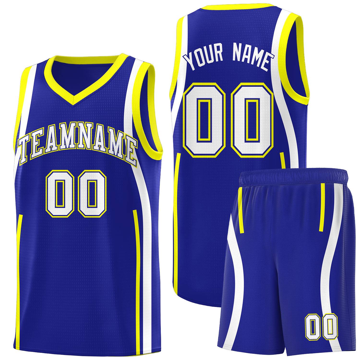 Custom Royal Fluorescent Yellow-White Ribbon Pattern Basketball Kits