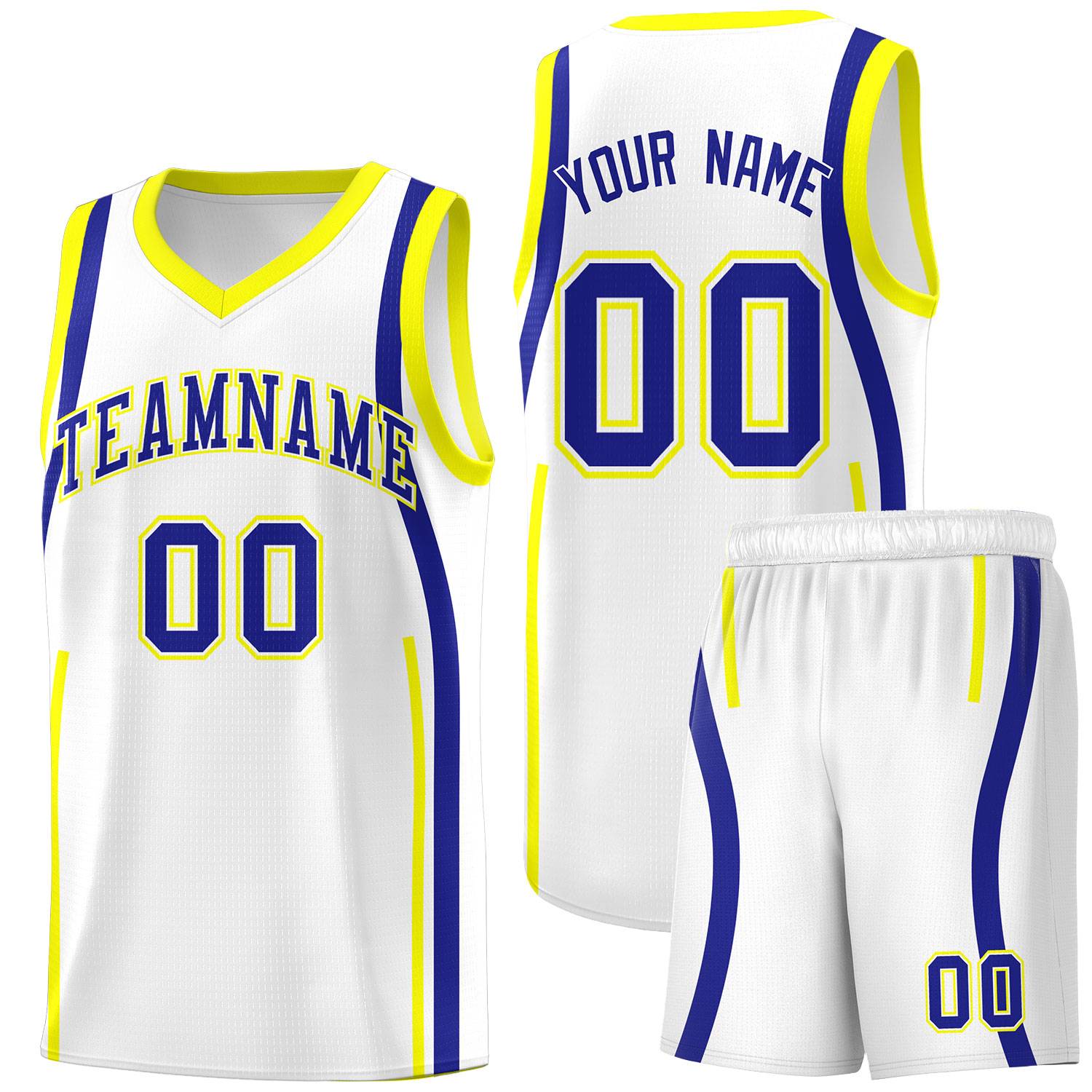Custom White Royal-Fluorescent Yellow Ribbon Pattern Basketball Kits