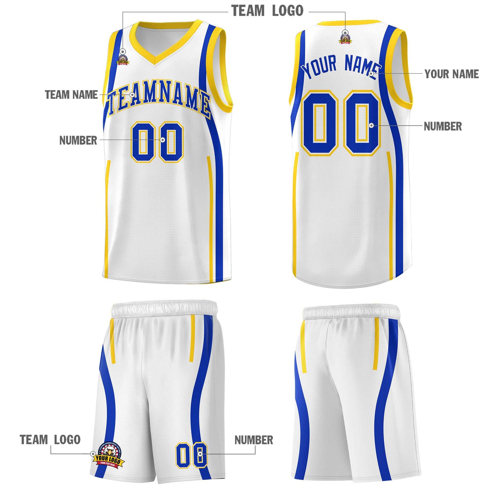 Custom White Royal-Gold Ribbon Pattern Basketball Kits