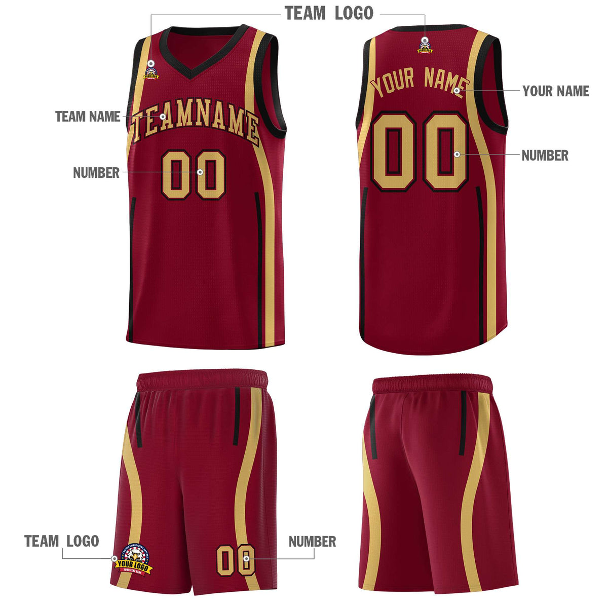 Custom Crimson Old Gold-Black Ribbon Pattern Basketball Kits
