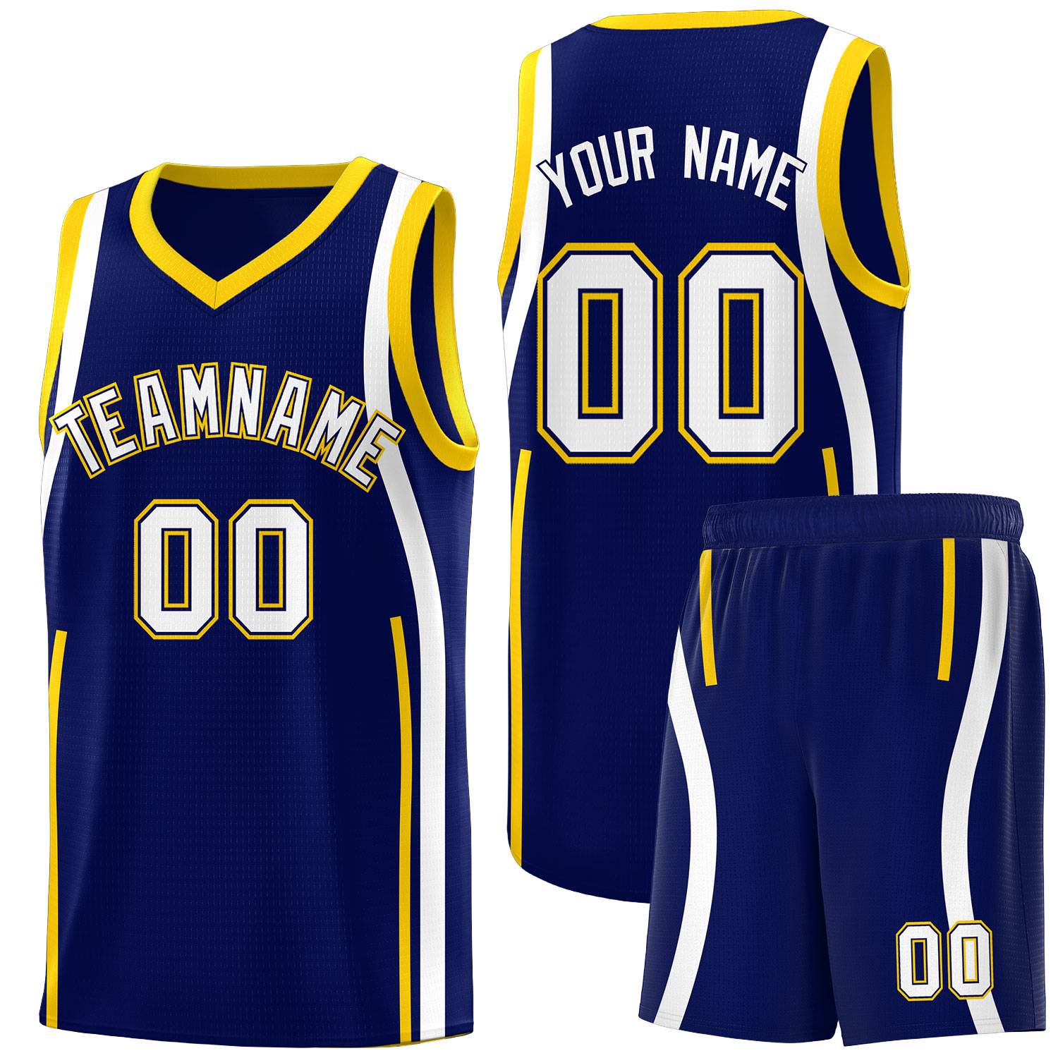 Custom Navy Gold-White Ribbon Pattern Basketball Kits