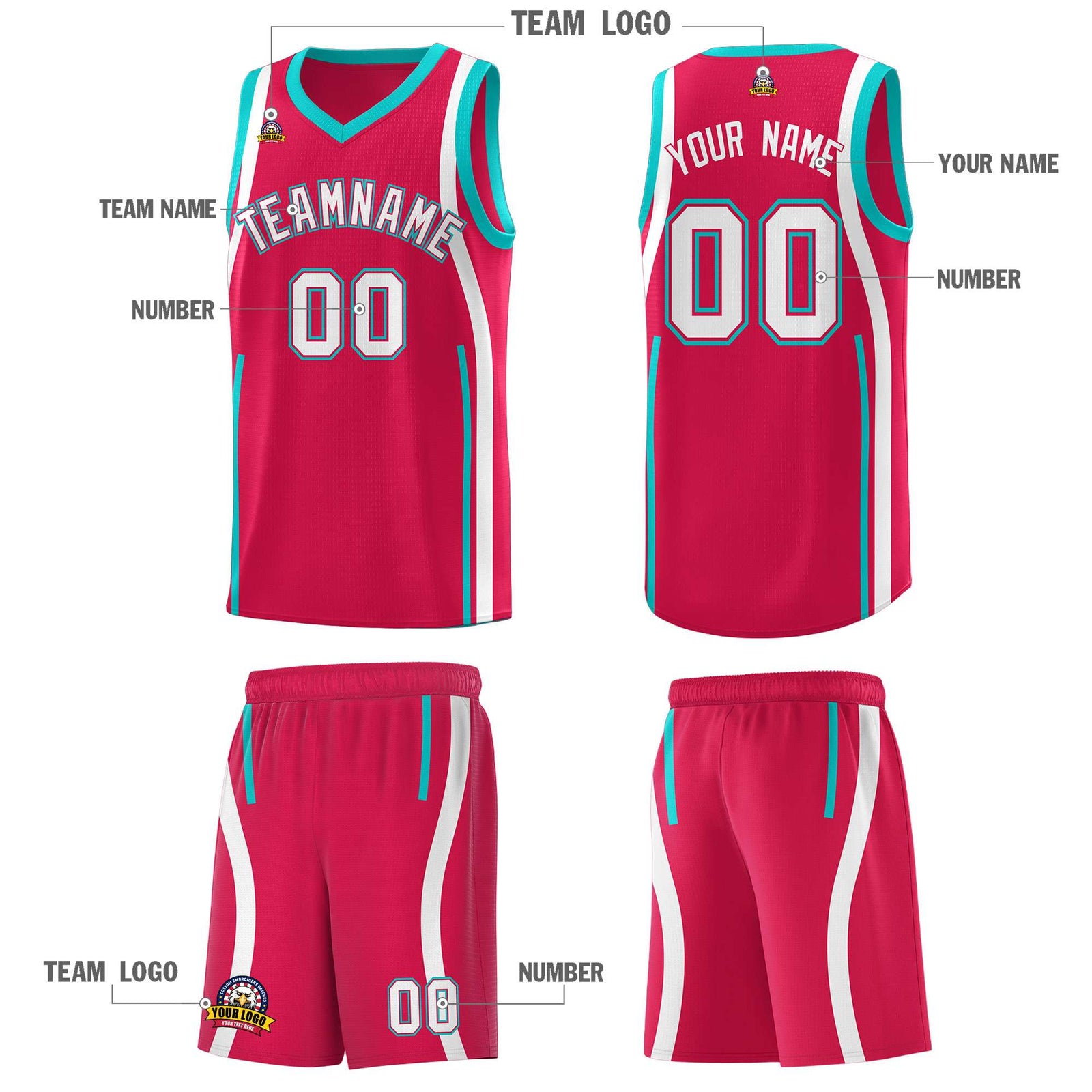 Custom Red Aqua-White Ribbon Pattern Basketball Kits