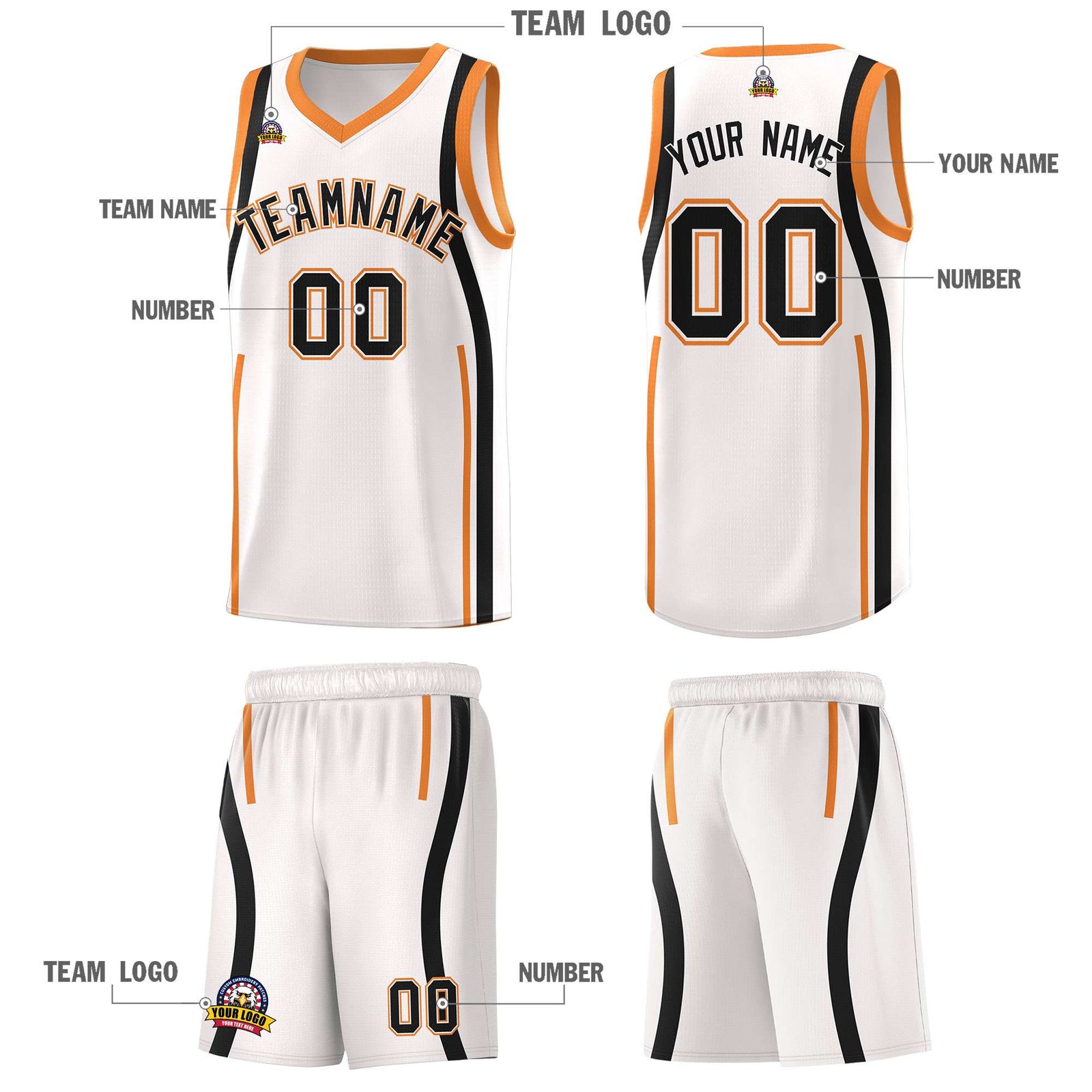 Custom White Gold Orange-Black Ribbon Pattern Basketball Kits