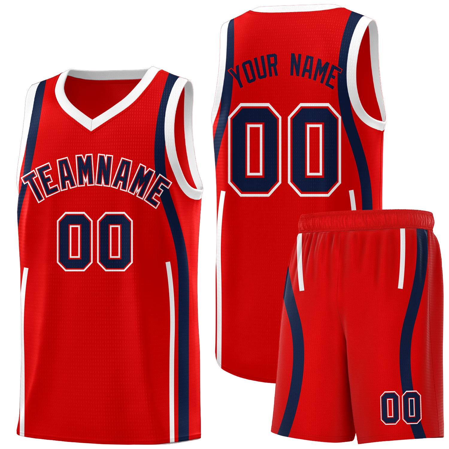 Custom Red Navy-White Ribbon Pattern Basketball Kits